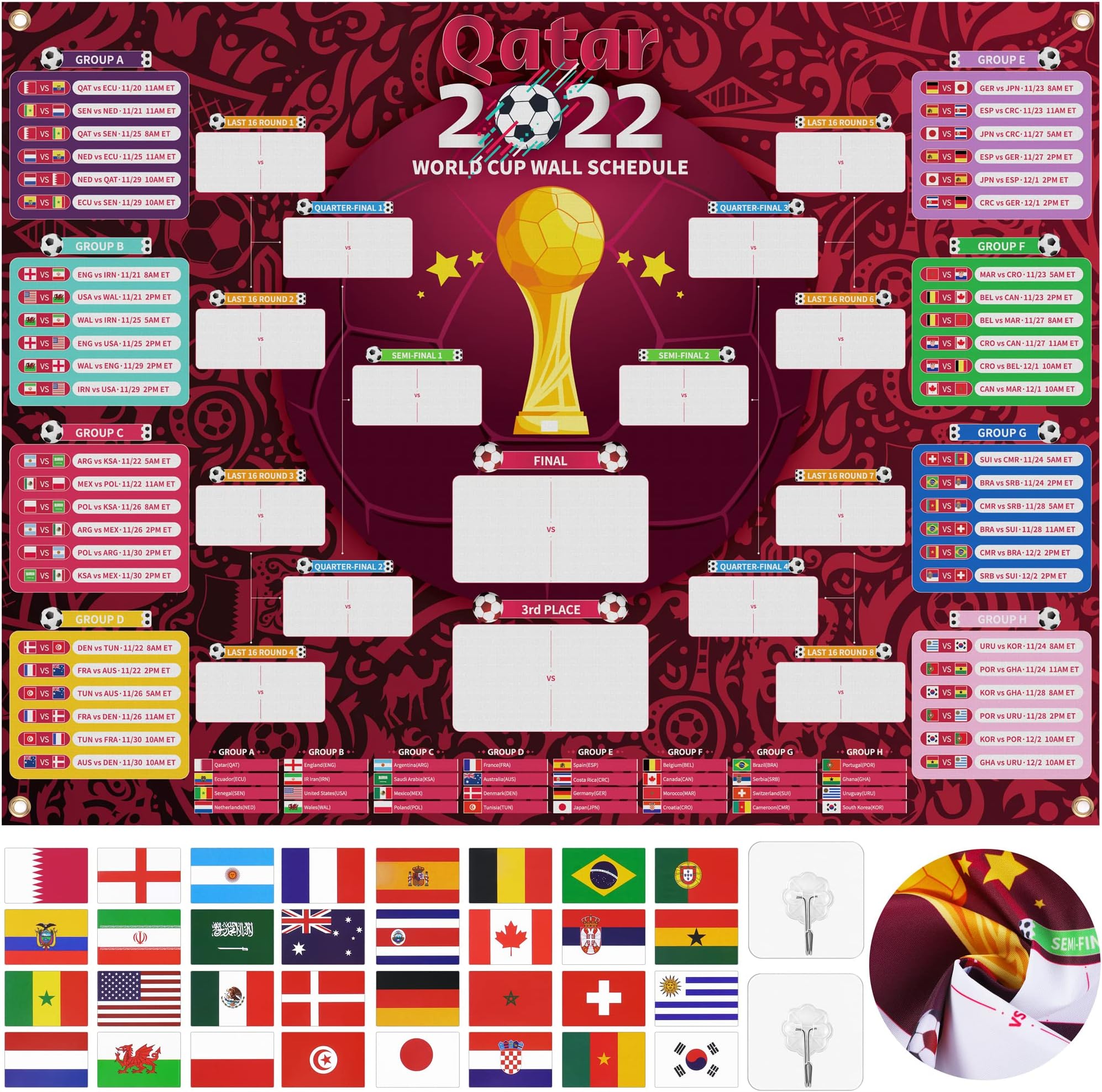 ADXCOQatar World Cup Soccer Wall Schedule Soccer Calendar Wall Chart Poster Include All Game Days With 32 Teams Stickers for 2022 World Cup Decoration, 35.4 x 47.3 Inches