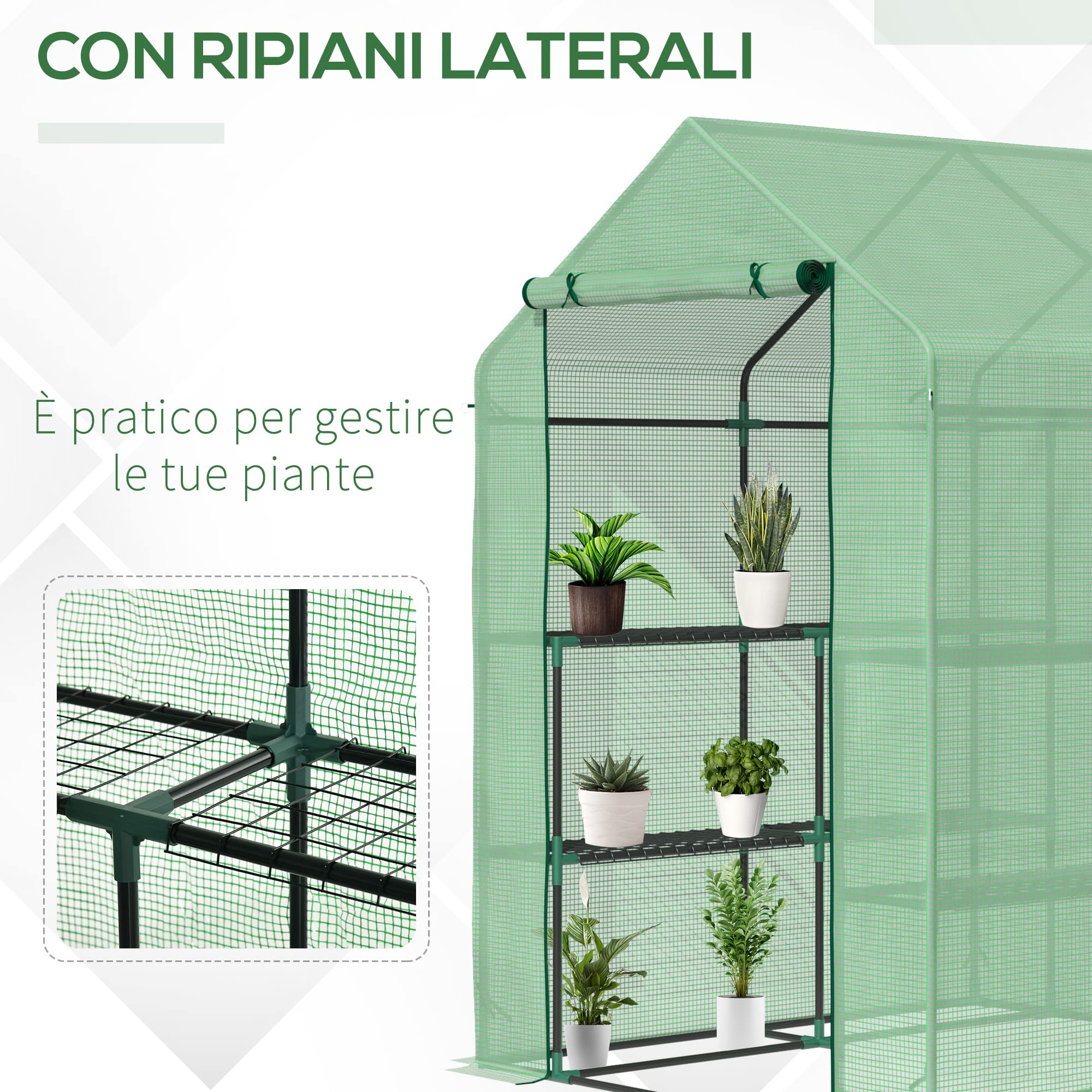 Outsunny Serra da Giardino con Scaffali per Piante, Serra da Balcone con Copertura in PE e Porta Avvolgibile, 143x138x190cm, Verde