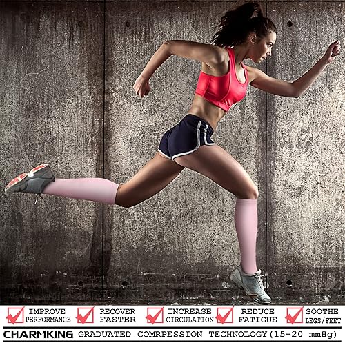 Miniatura 2 de CHARMKING Calcetines de compresión para mujeres y hombres circulación 4 pares de 15-20 mmHg mejor soporte para atletismo, correr, ciclismo