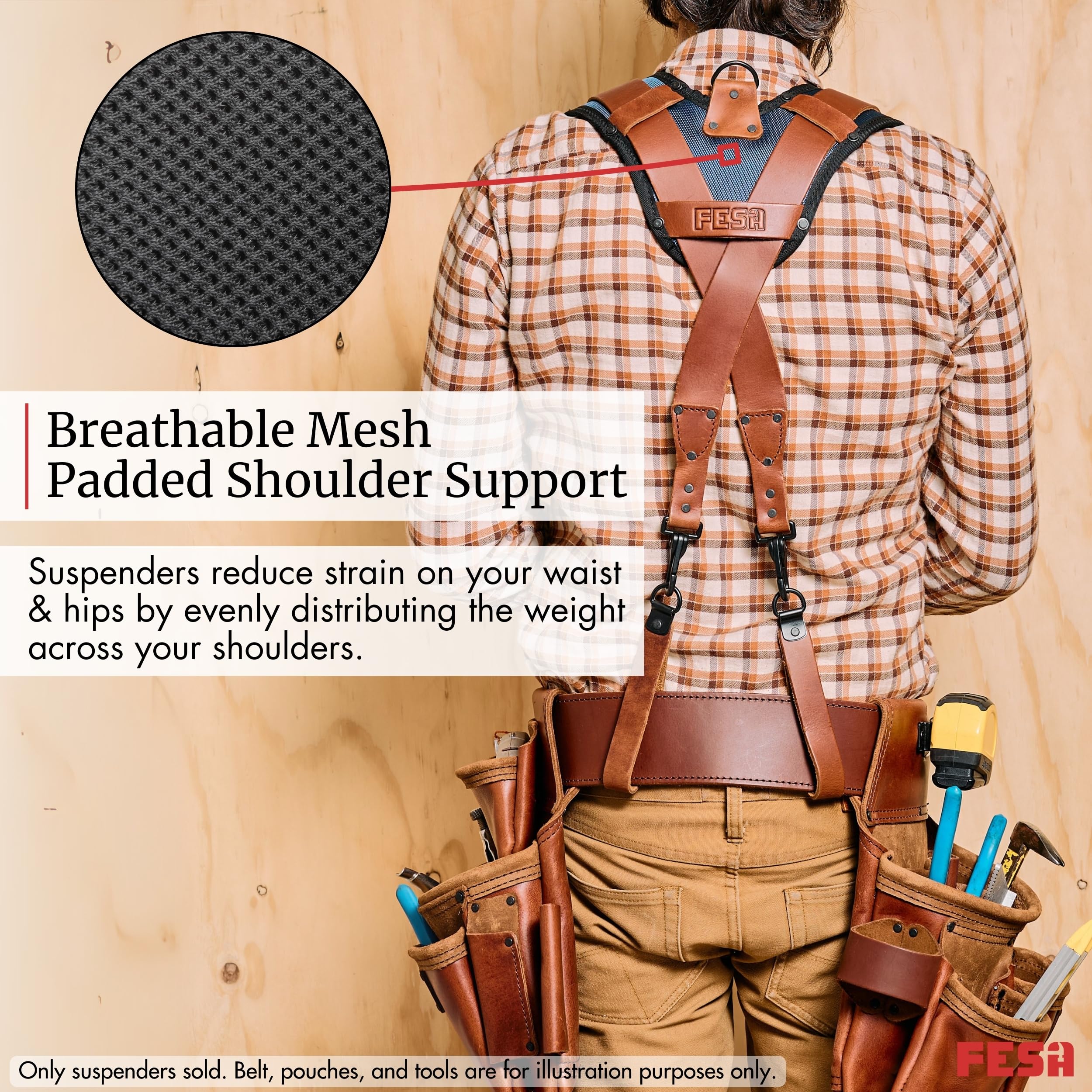 FESA Leather Tool Belt Suspenders With Padded Mesh Shoulders & Front Pockets - Handcrafted For Carpenters