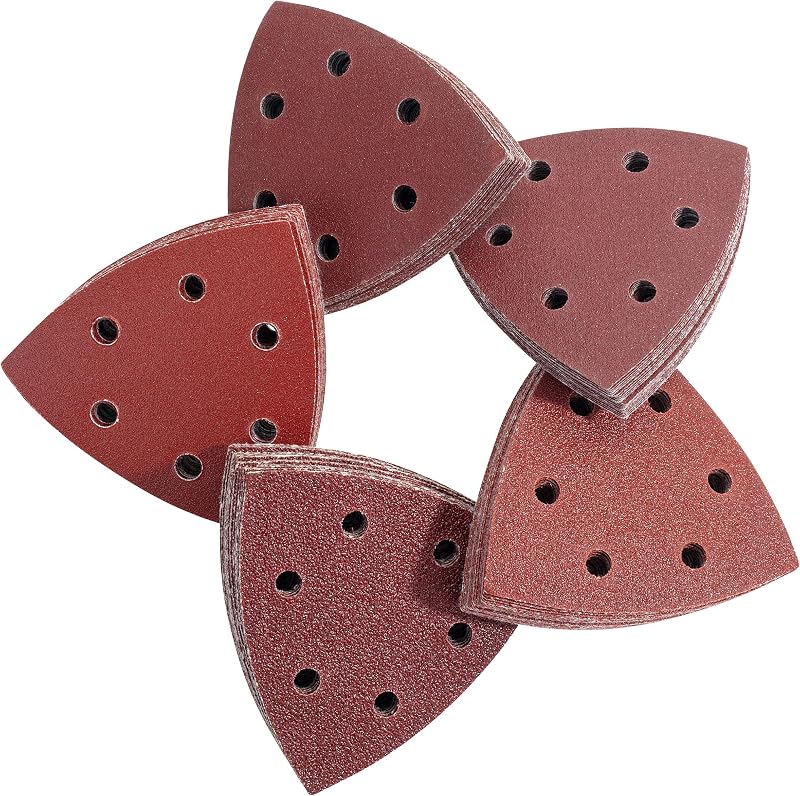 Bates- Almohadillas de lijado triangulares, 100 piezas, 3,6", grano 40/80/120/180/240, almohadilla de lijado para herramientas oscilantes, almohadilla de lijado multiherramienta, paquete surtido de papel de lija, surtido de papel de lija con gancho y bucle
