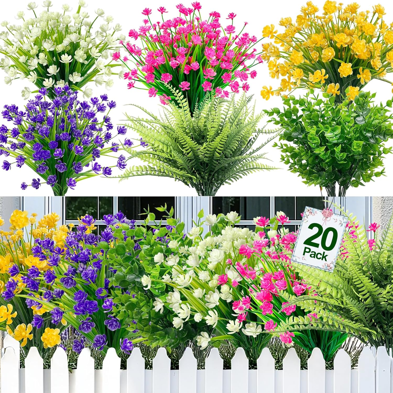 TURNMEON 20 Bundles Artificial Flowers for Outdoors, Summer Spring Grass Camellia Fake Flowers Fern Plants Eucalyptus, UV Resistant No Fade Faux Greenery for Gardens Cemetery Decor(Mixed 6 Styles 2)