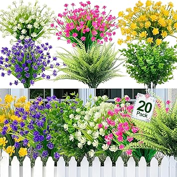 TURNMEON 20 Bundles Artificial Flowers for Outdoors, Summer Spring Grass Camellia Fake Flowers Fern Plants Eucalyptus, UV Resistant No Fade Faux Greenery for Gardens Cemetery DecorMixed 6 Styles 2