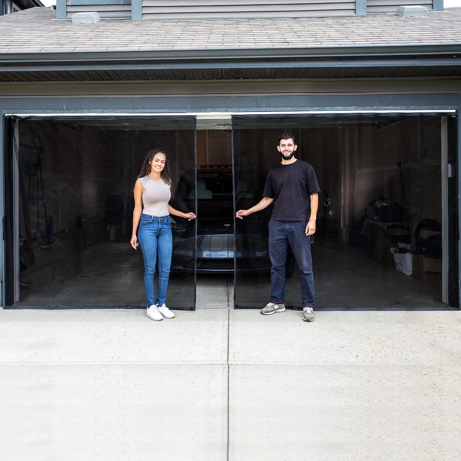sliding garage screen door 16x7 ft for 2 car garage – magnetic retractable mesh with track closure - heavy duty fiberglass (black) – keep critters out