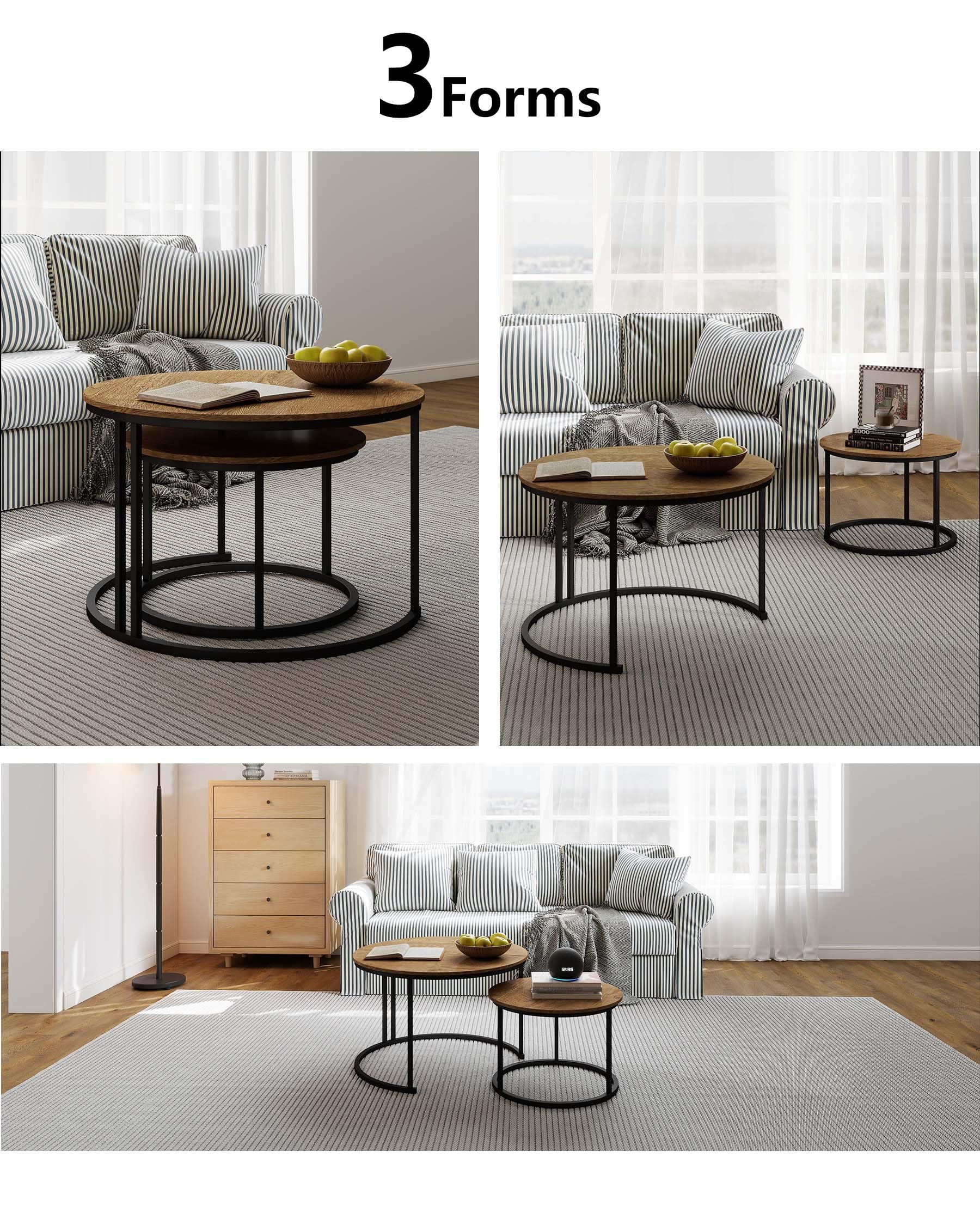 Tavolino Rotondo da Salotto, Tavolino da Salotto Legno Moderno, Tavolo Salvaspazio con cornice nera, Coffee Table 2 pezzi