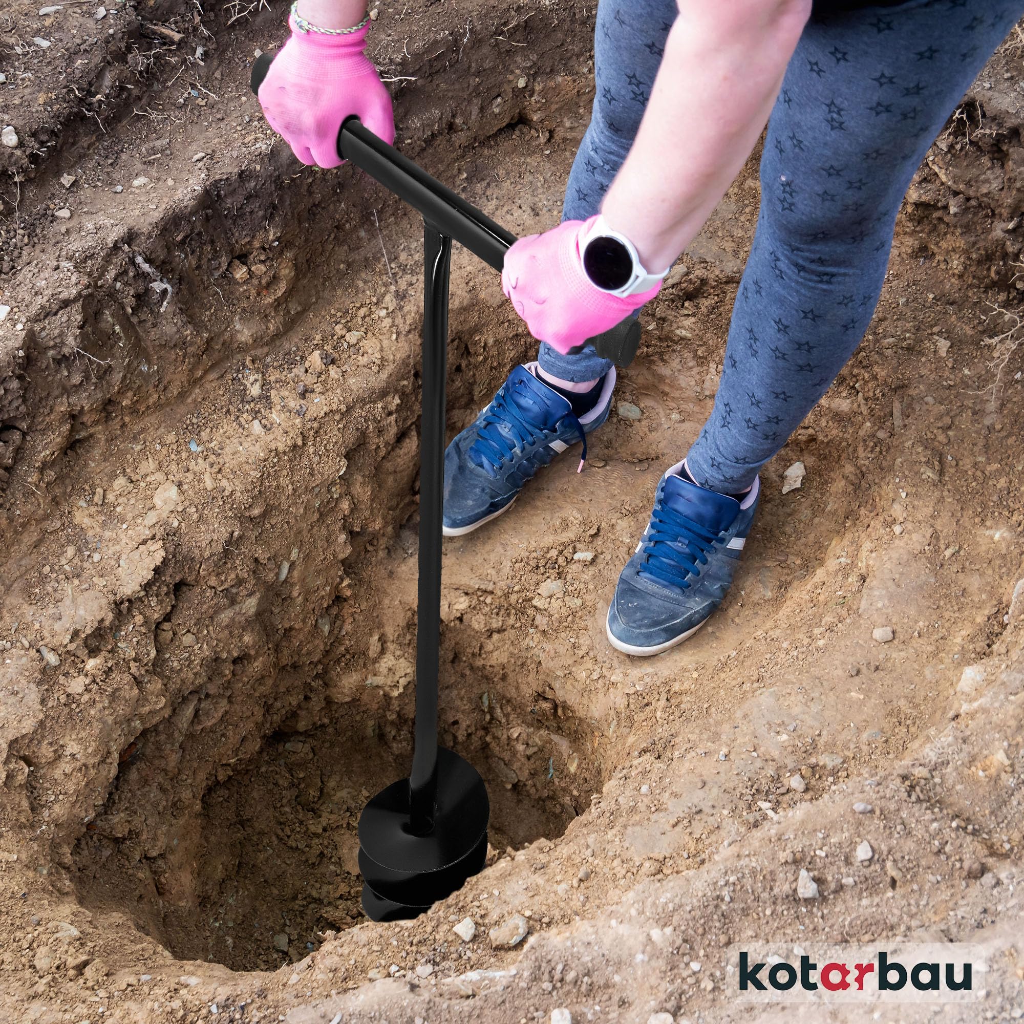 KOTARBAU® Ahoyadora Manual 110 mm, Taladro de Tierra Manual, Perforadora de Suelo con Mango en T Antideslizante, Barrena de jardín, Perforador de Mano, Broca Espiral de Tierra, Plantador Cavahoyos