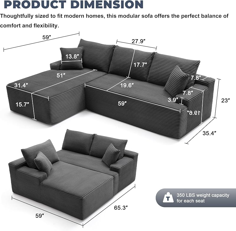 Mangodan Cloud Sectional Sofa, Boneless Couch for Living Room, Dark Grey image 3