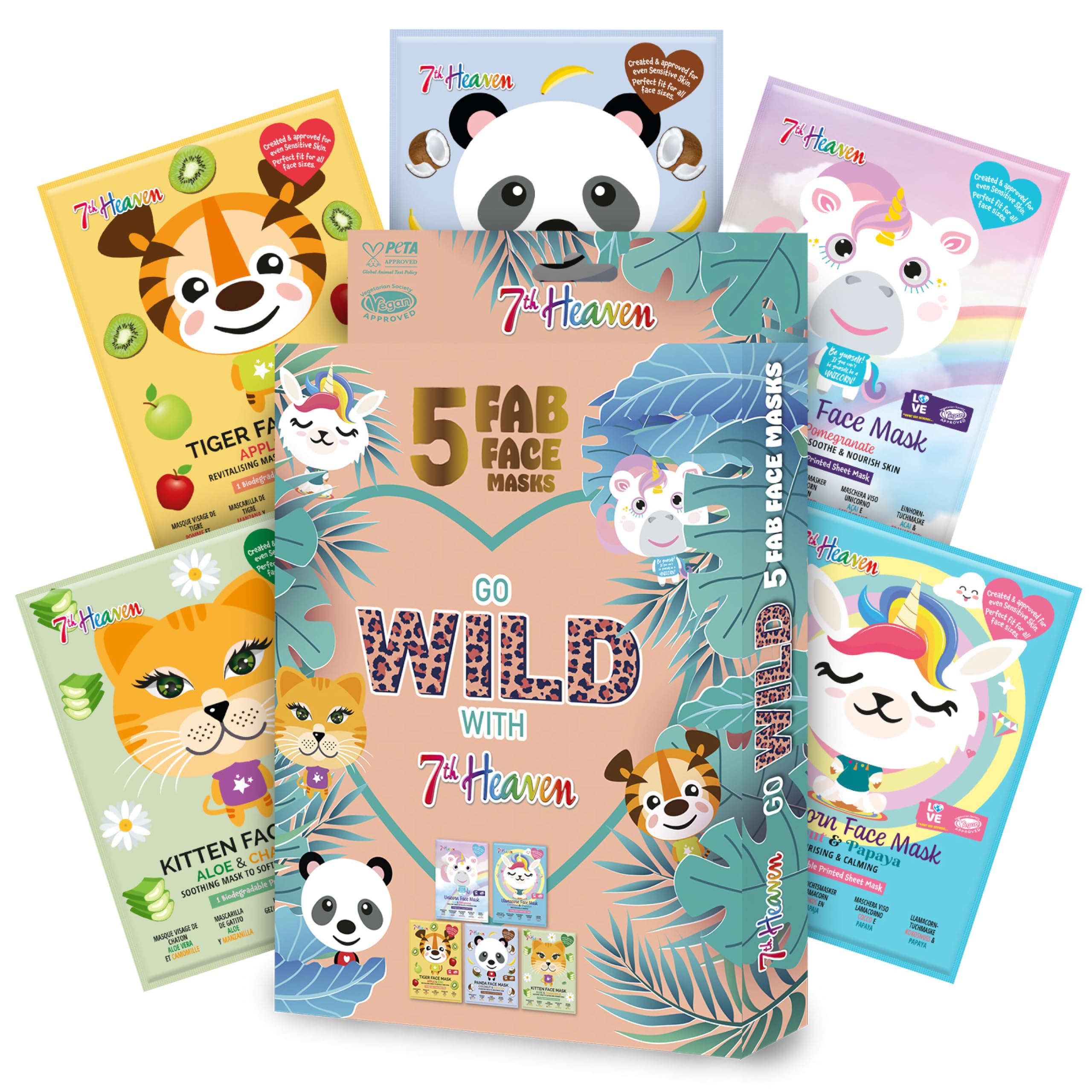 7th Heaven Go Wild Animal Face Sheet Mask Gift Set, 5 Fun Hydrating Kids Masks with Coconut, Apple, Aloe & Banana, Sensitive Skin Pamper Pack for Girls, Parties, Sleepovers, Gifts & Glowing Skin