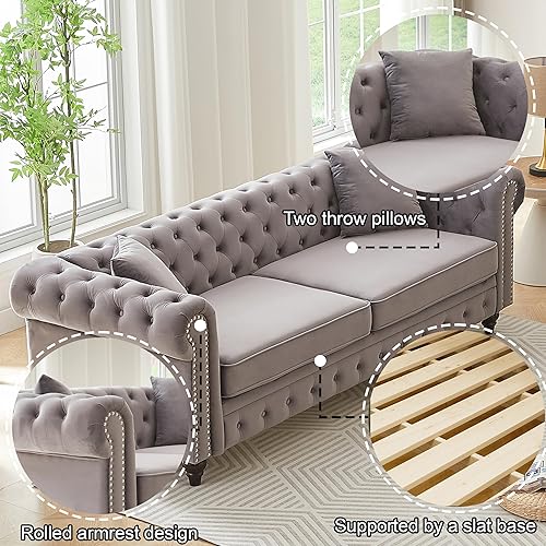 Miniatura 5 de Juego de 2 sofás Chesterfield de terciopelo de 85.5 pulgadas, 3 plazas + 63.5 pulgadas, sofá moderno con brazos enrollados y 2 cojines para sala de