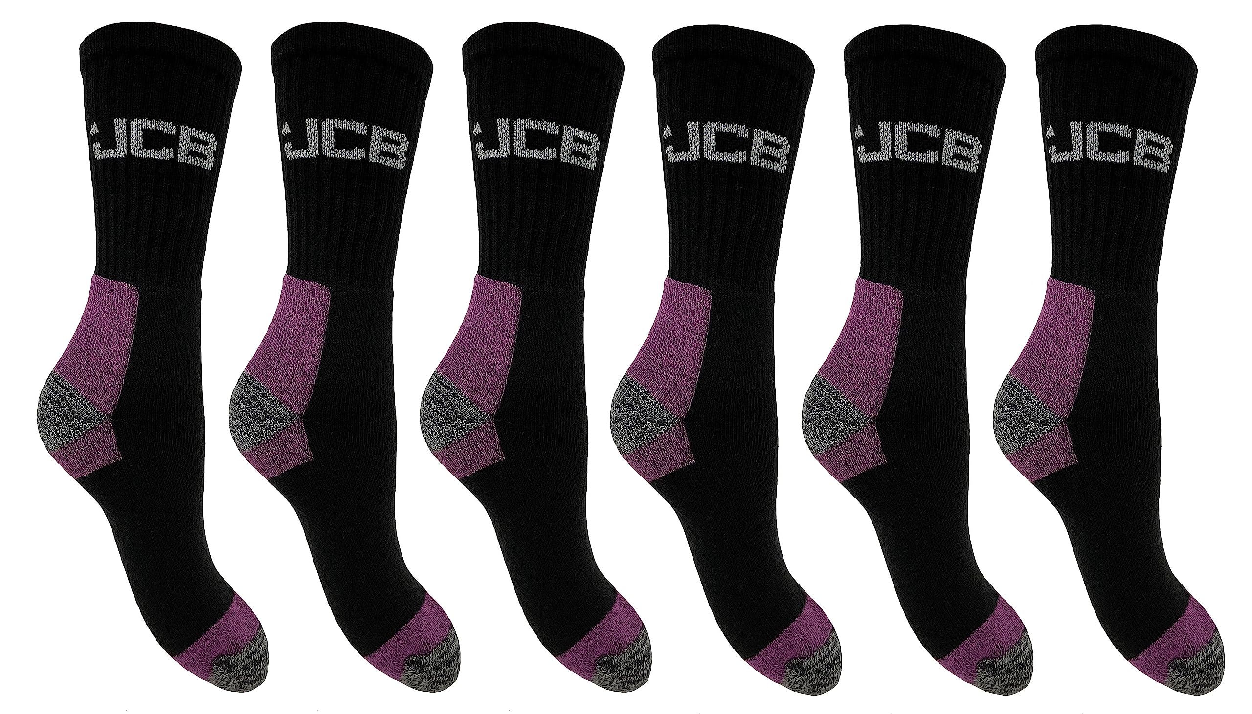 JCB - Ladies Workwear Apparel Socks - Black & Purple - 3 Pack - UK 4-8 EUR 37-43 - Work Boot Socks (6 Pair Pack)