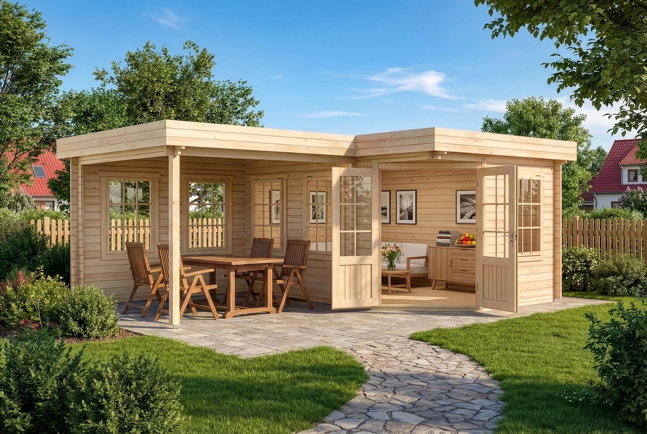 Alpholz 5-Eck Gartenhaus Pepe aus Holz 618x462cm mit 28 mm Wandstärke in Naturbelassen