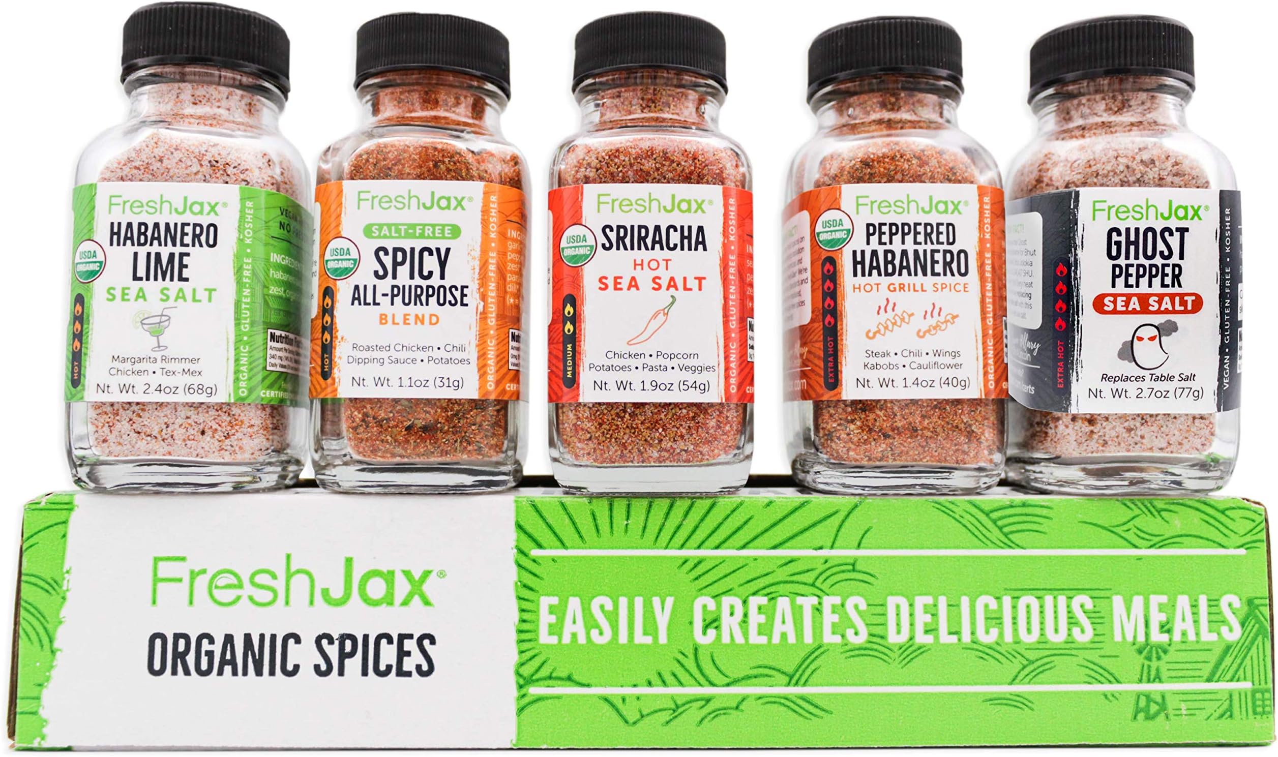 FreshJax Hot & Spicy Seasoning Gift Set | 5 Sampler Sized Organic Hot & Spicy Seasoning Set | Grilling Christmas Gifts for Men | Spices and Seasonings Sets for Cooking Packed in a Giftable Box