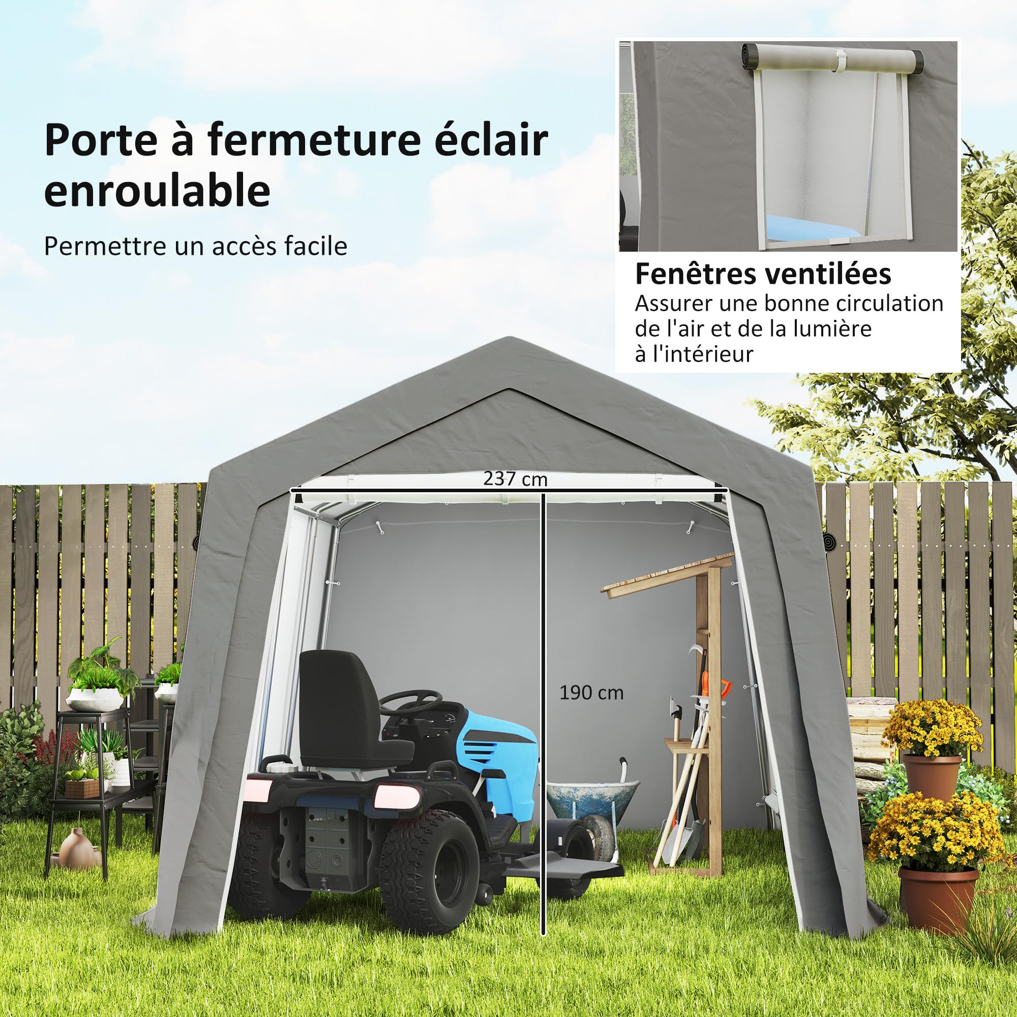 Outsunny Abri de Jardin Abri Vélo Extérieur 3 x 4,5 x 2,5 m Gris Clair | Porte Enroulable Zippée, Fenêtres Ventilées, Tente de Stockage Étanche Anti-UV, pour Moto, Outils de Jardin