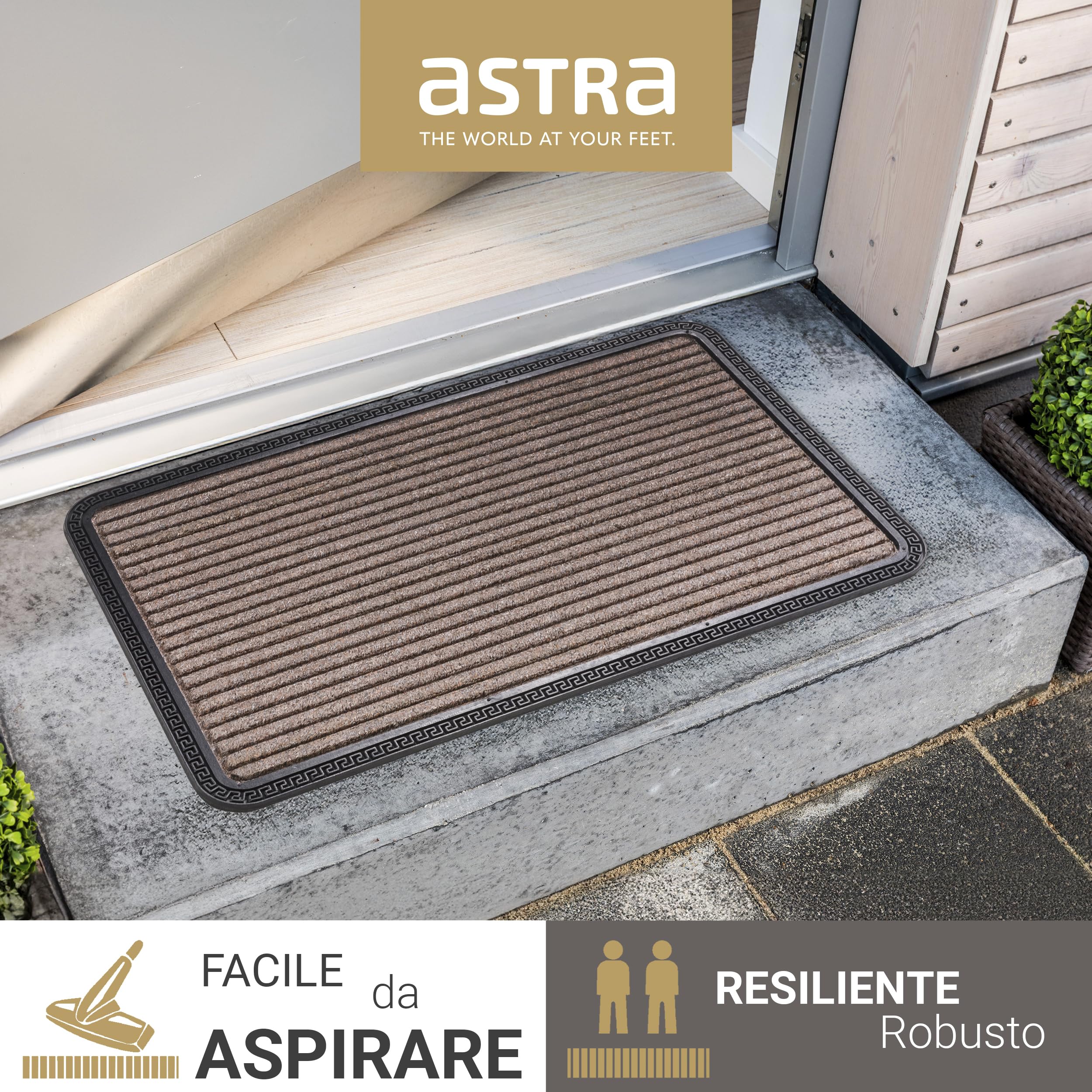 Astra Zerbino per esterni e interni - 40 x 60 cm Linee marroni - Zerbino antiscivolo - Tappeto cattura-sporco molto resistente - Zerbino per gradini esterni