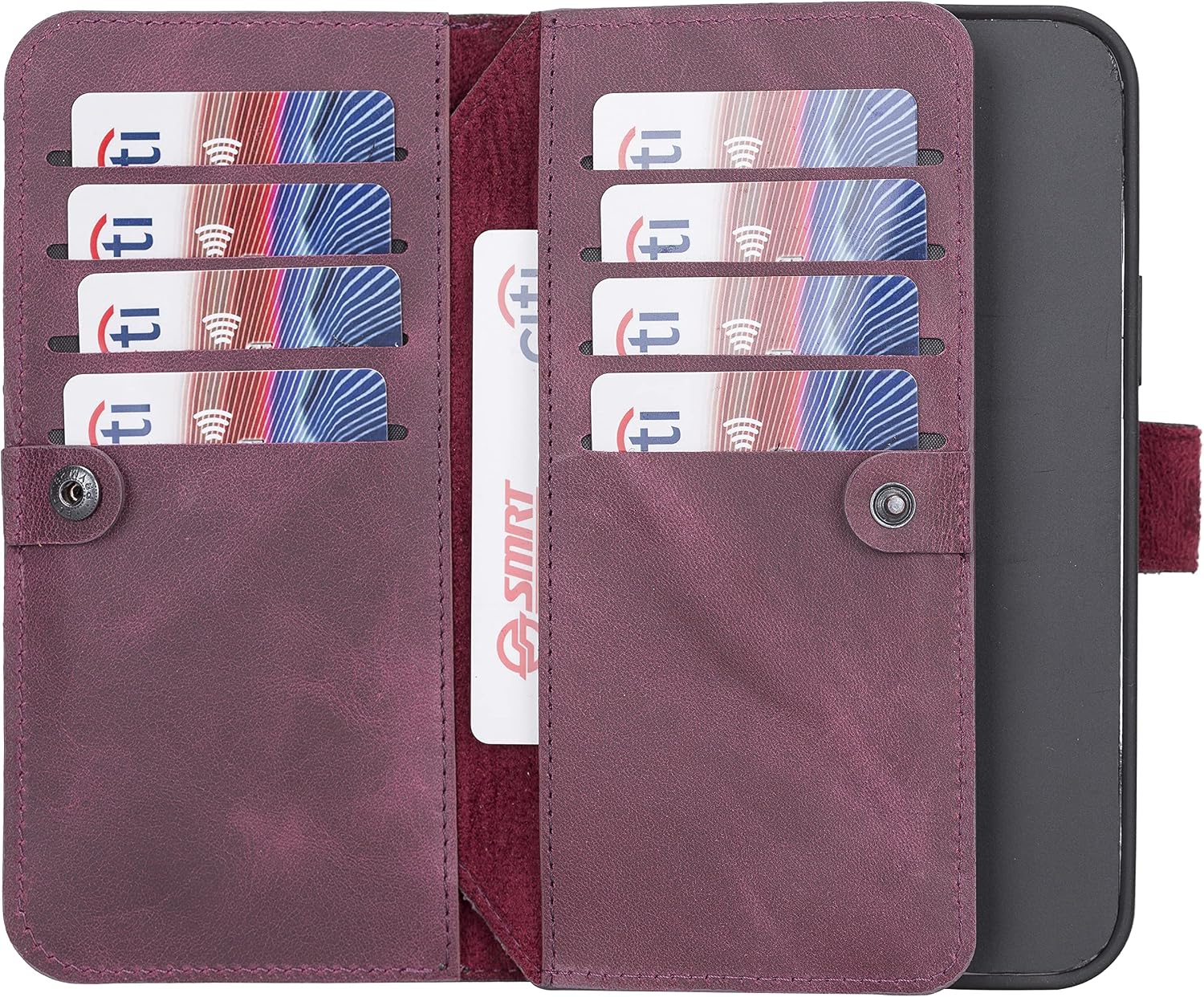 HARDISTON Genuine Premium Leather Handmade Wallet Case for iPhone 13 Pro - Double Folio Card Holders - Detachable Magnetic Flip Cover - Horizontal Kickstand - Protection for All Edges (Purple)