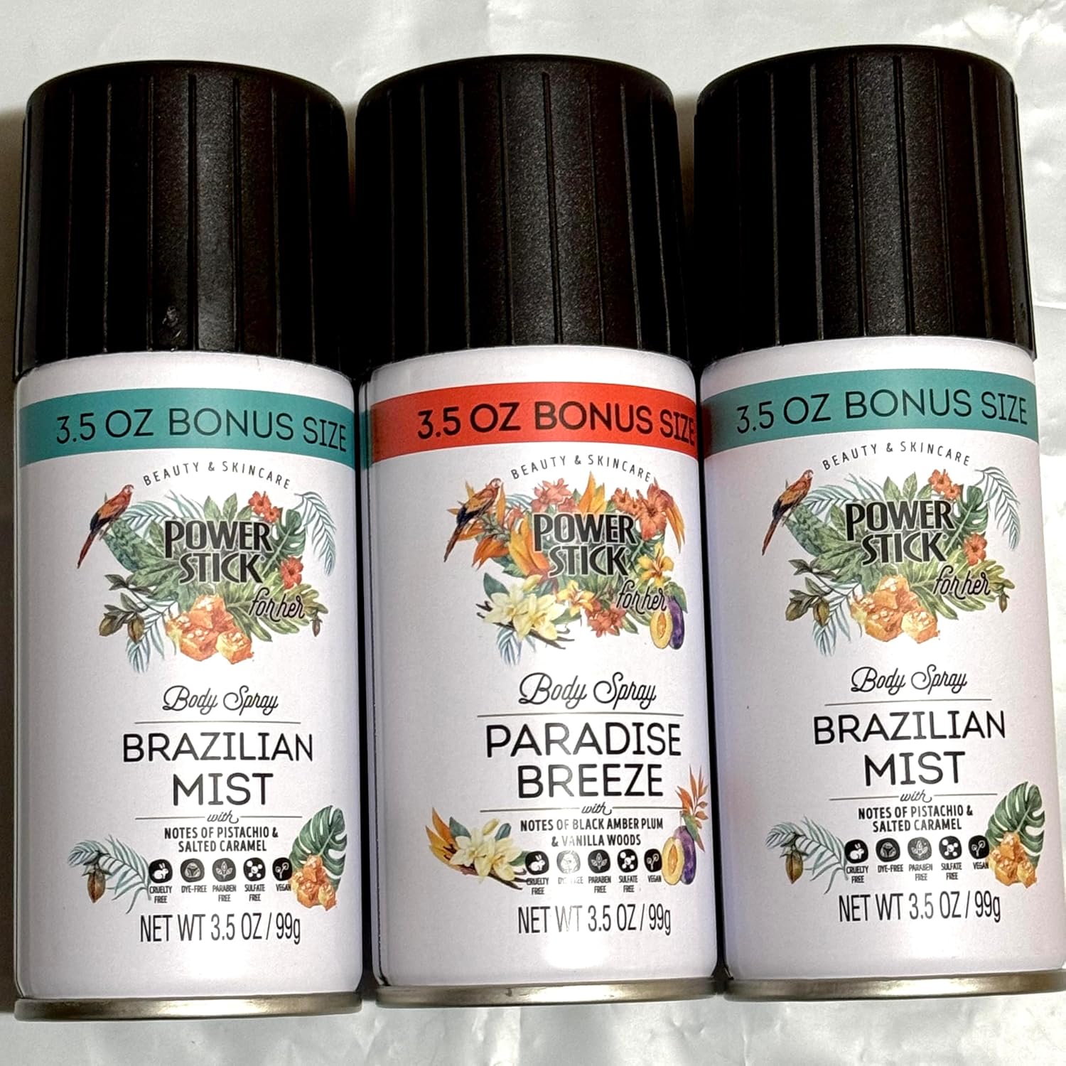 Power Stick Body Spray - Paradise Breeze & Brazilian Mist, Lightweight Body Deodorant For Her with Fresh Scent, Long-Lasting. Bonus Size 3.5 oz. Pack of 3 (Variety)