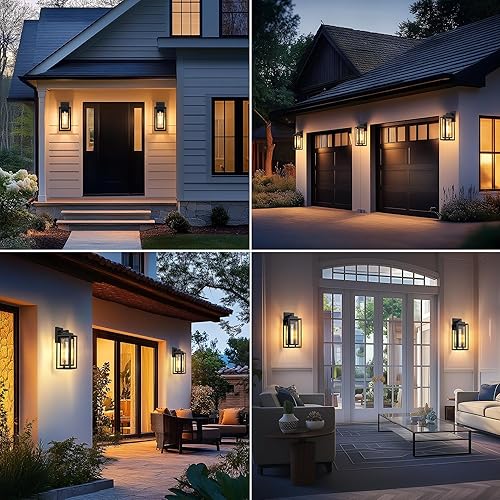 Miniatura 7 de Farol de pared para exteriores con ondas de agua, lámpara de porche exterior, color negro, paquete de 2 luces de pared impermeables, iluminación