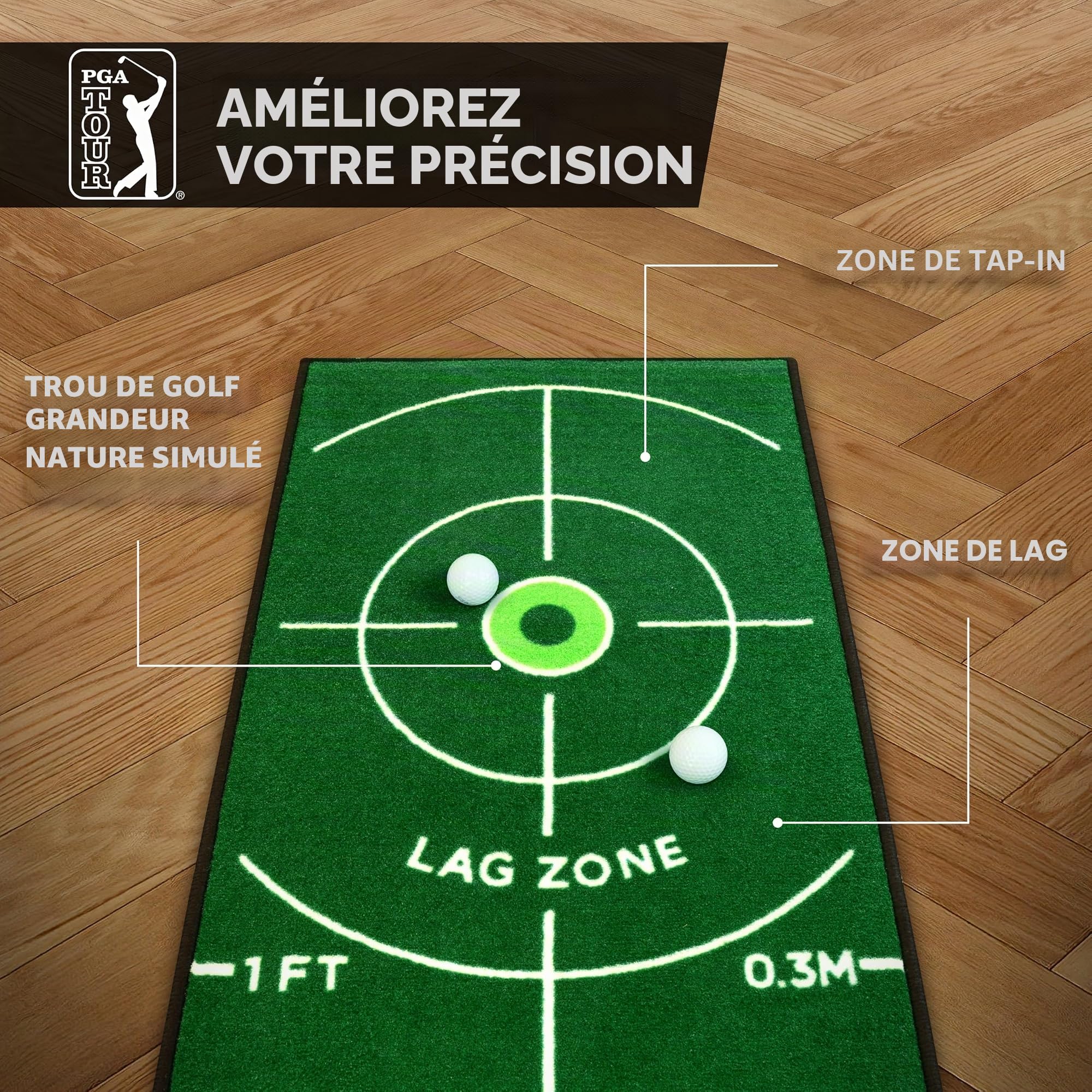 PGA Tour Tapis de Golf de Luxe de 2,4 m pour Golf d'intérieur, Tapis de Golf avec Instructions d'entraînement, Cible de Trou Pleine Grandeur, Zone de Lancer de 1,8 m, Vert, Sac de Transport Portable