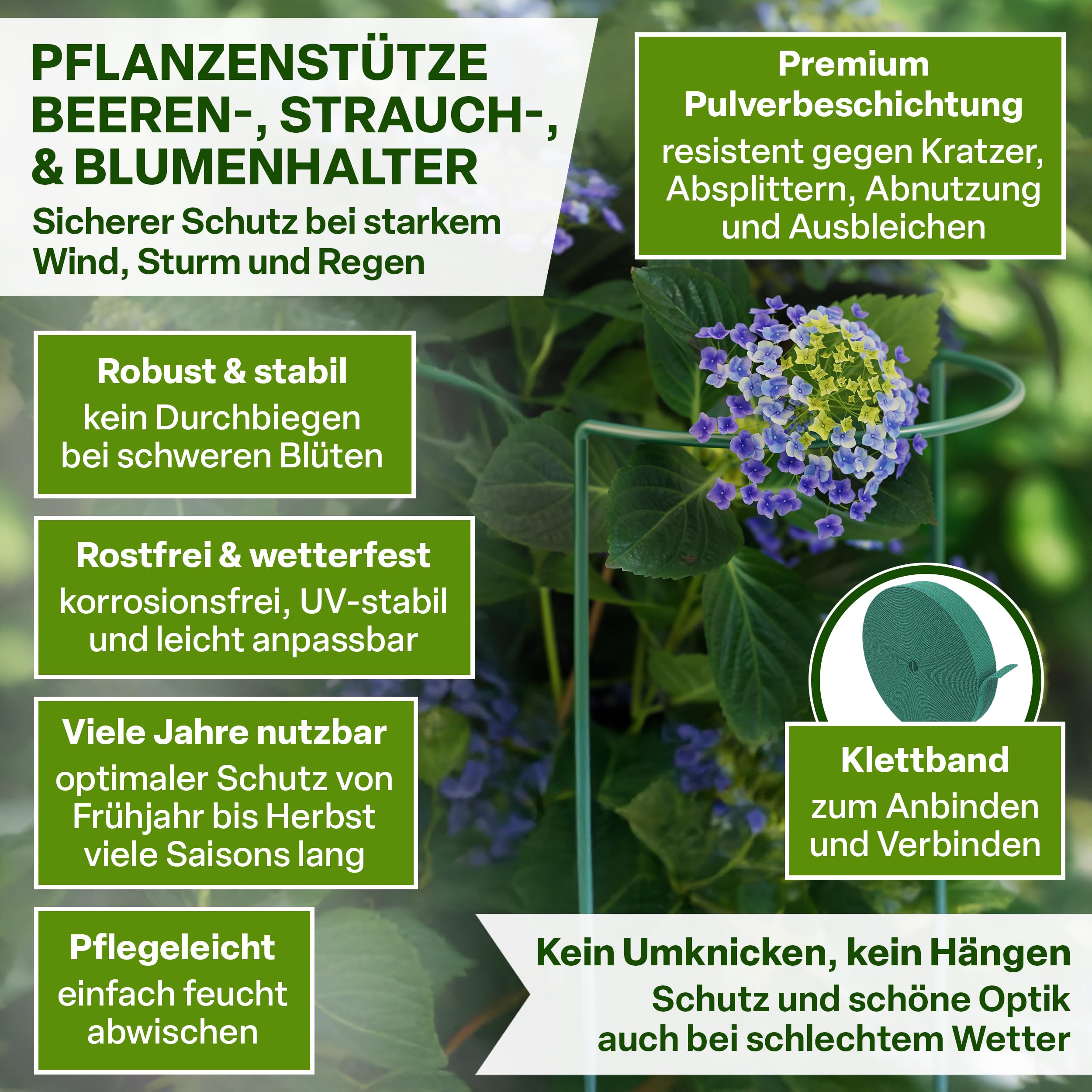 TTL GARDEN Strauchstützen 100cm x 40cm 10er Set + Klettband - Pflanzenstütze Stahl rostfrei Kunststoff beschichtet - Pflanzenhalter Staudenhalter Blumenhalter Hortensie Rose Pfingstrose Ø 5,5mm grün