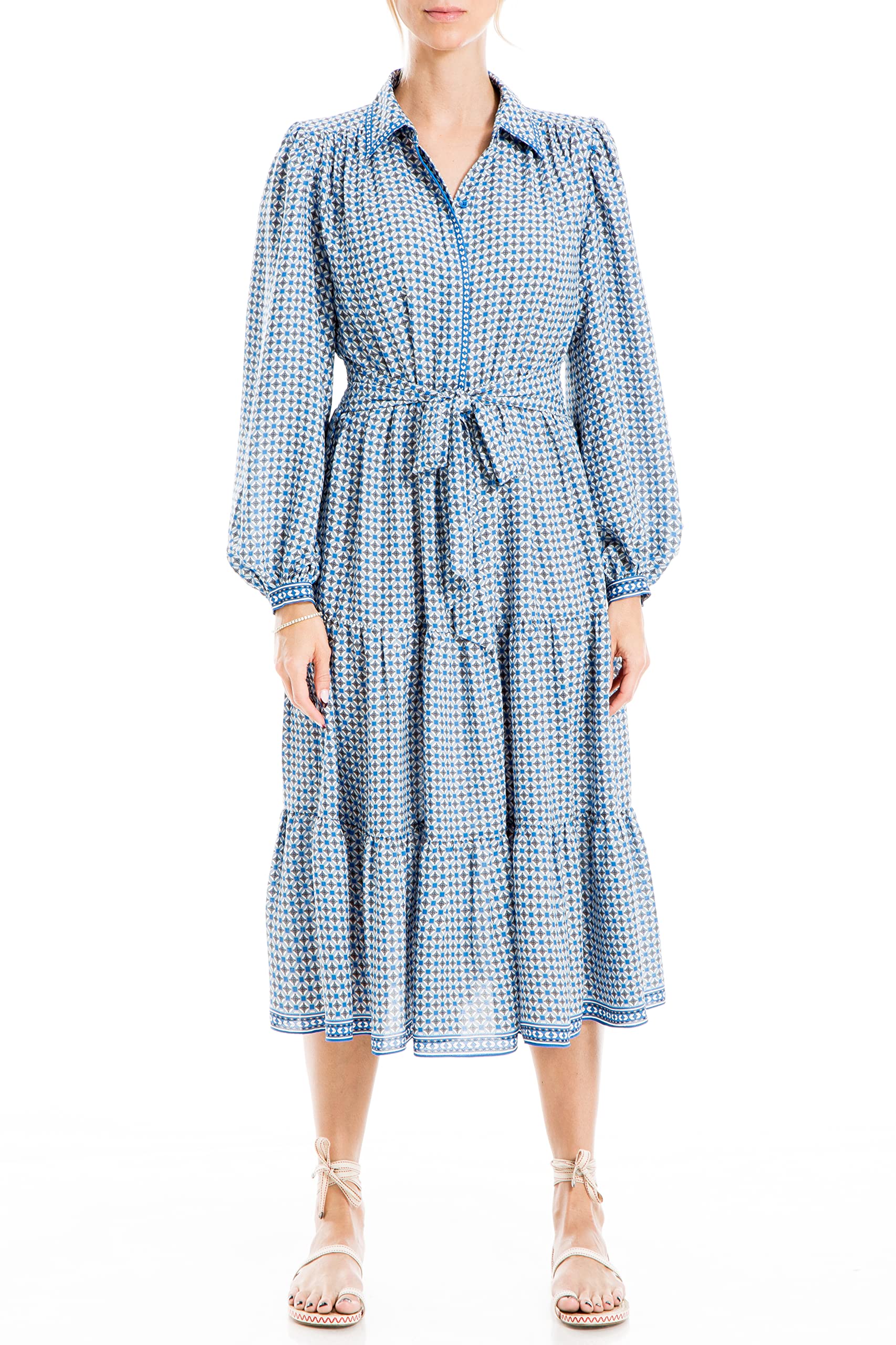 Max StudioWomen's Long Sleeve Tiered Midi Shirt Dress