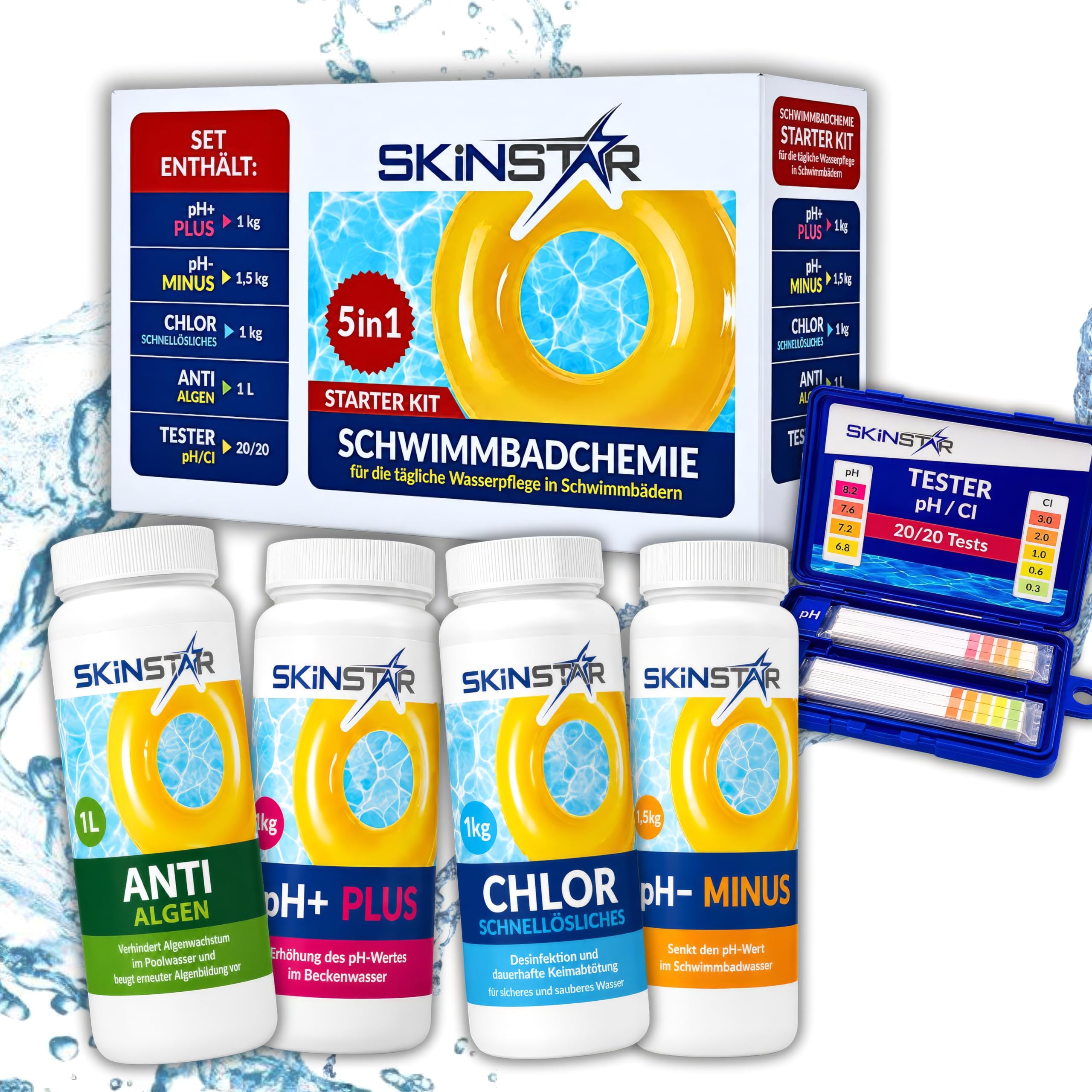 Pool Starter Set 5in1 Schwimmbadchemie - Chlor-Granulat, pH-Plus & pH-Minus, Anti-Algen, Teststreifen - Komplettset zur Wasserpflege für klares Poolwasser