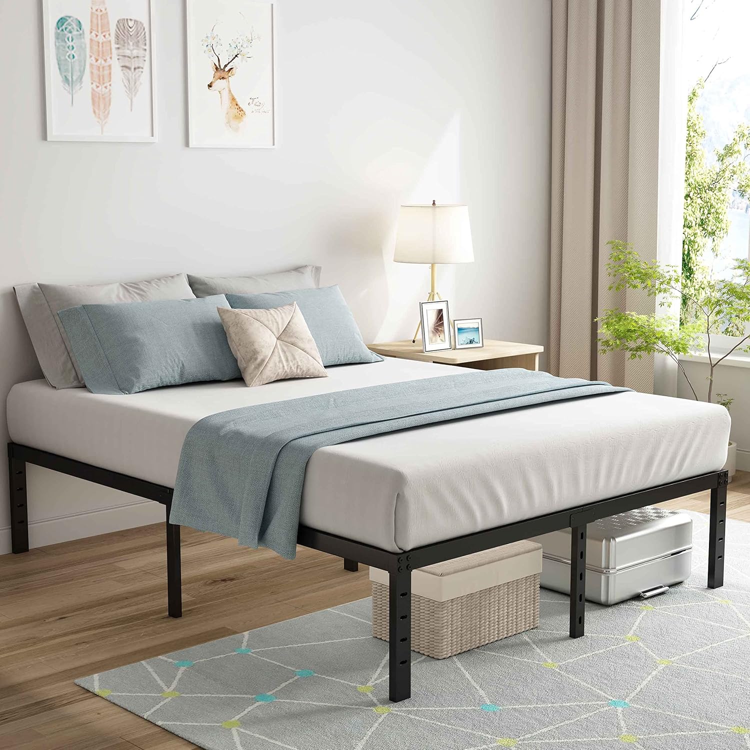 King Platform Bed Frame，18 Inches High Heavy Duty Metal Bedframe with Wide Wood Slats Hold up to 3500lbs,Noise-Free, No Box Spring Needed, 16-Inch Underbed Storage Space