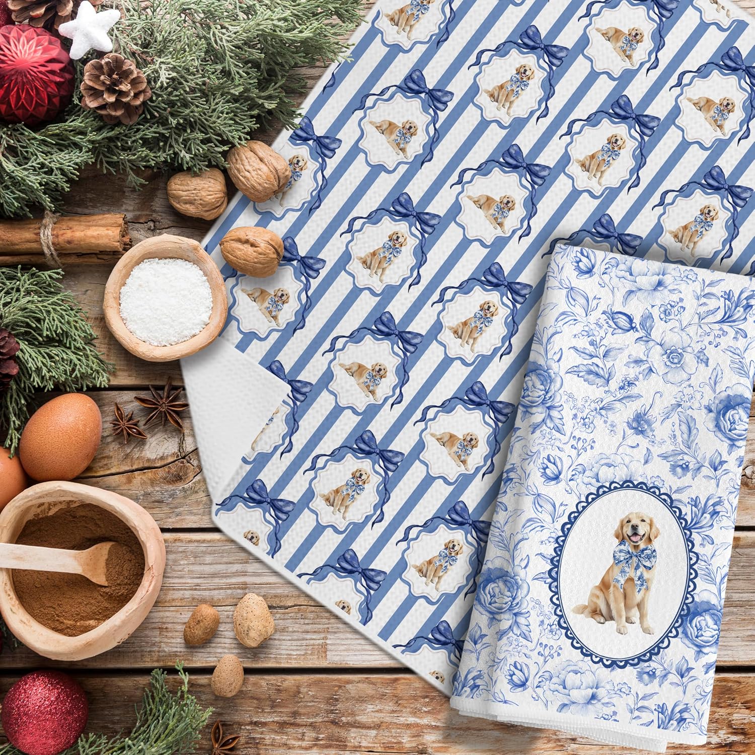 Chinoiserie Golden Retriever Gifts Kitchen Towels,Blue and White Floral Golden Retriever Decorative Dish Towels,Grandmillennial Botanical Dog Hand Towels for Bathroom,16x24 Inch Set of 2