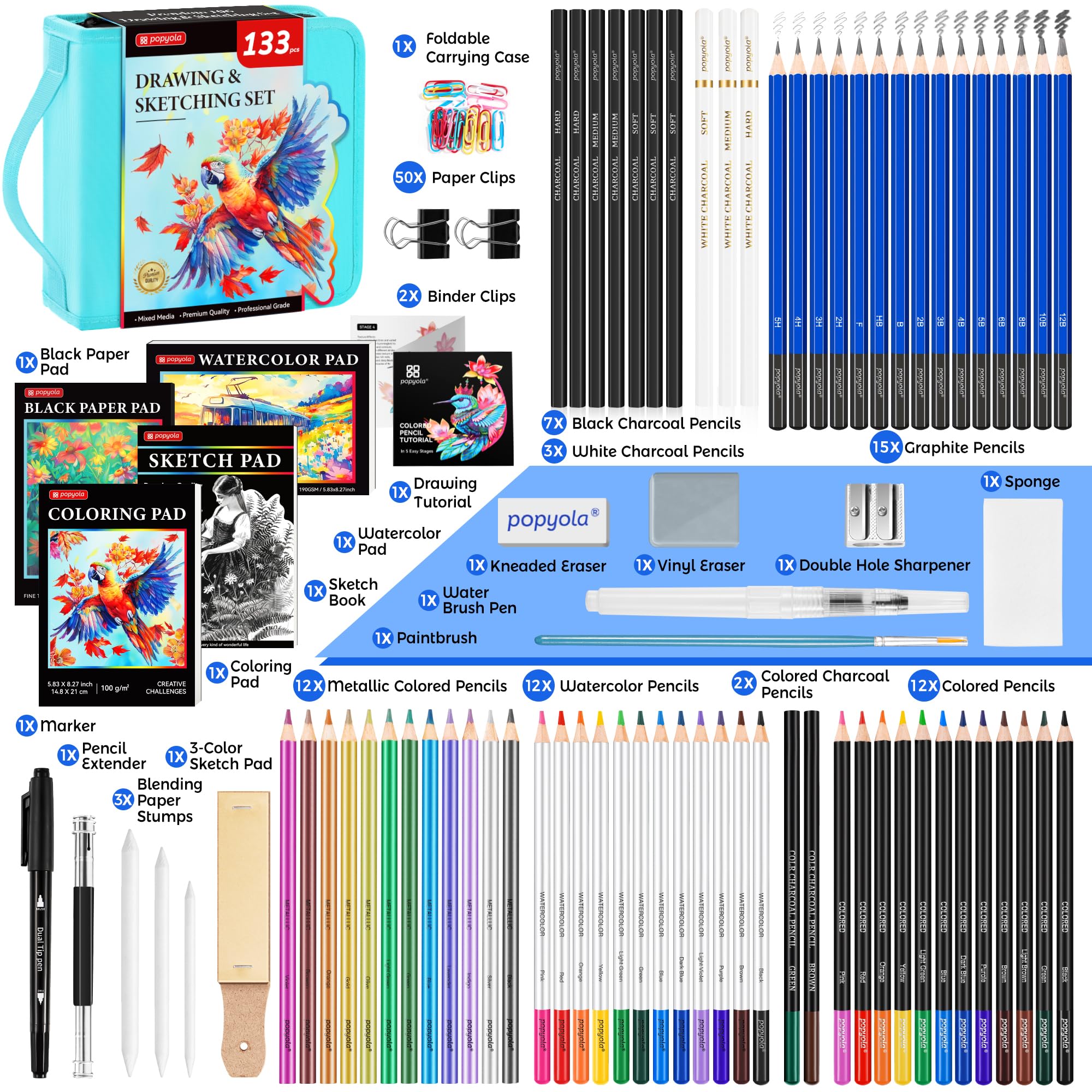 Set da disegno da 133 pezzi, kit per schizzi, forniture artistiche professionali | con Sketch Book, Coloring Book, Acquerello, Blocco di Carta Nero, Grafite Colorato Carbone Acquerello & Matite Metalliche