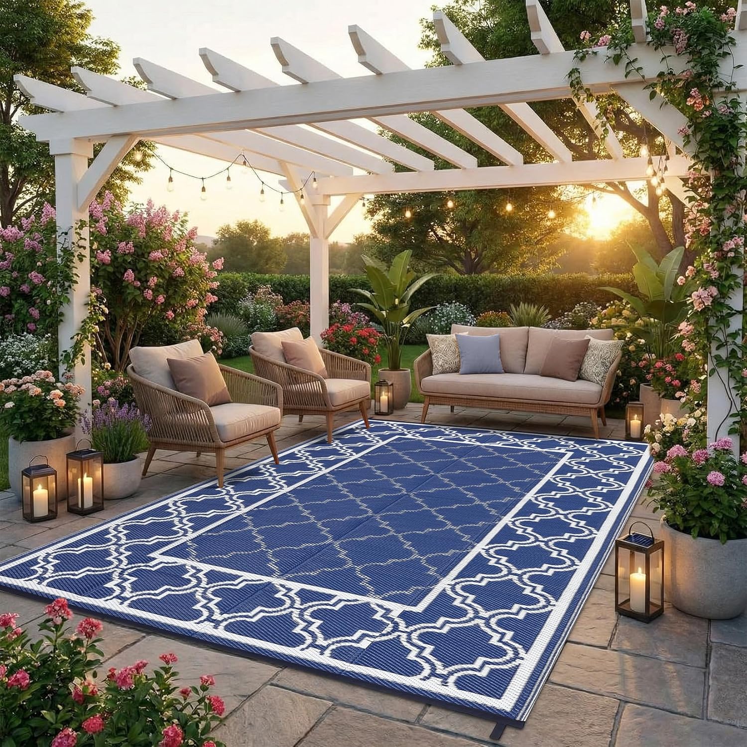 Garvee Reversible Outdoor Rug 5x8, Waterproof Outdoor Plastic Straw Rug with Interlacing Pattern, RV Mat for Picnics, Patio, Camping, Balcony, Deck, Backyard, Porch, Blue