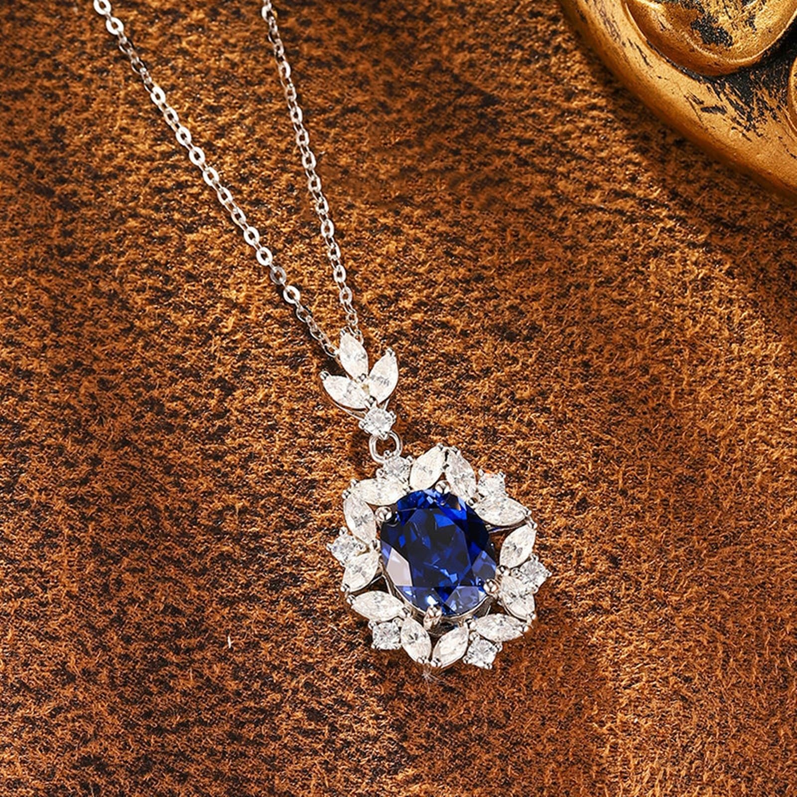 Epinki 9K/14K/18K białe złoto damski łańcuszek prawdziwa biżuteria, wisiorek kwiatowy, naszyjnik damski, naszyjnik laboratoryjny, szafir, 3,7 ct (szlif owalny, niebieski), złoty naszyjnik damski