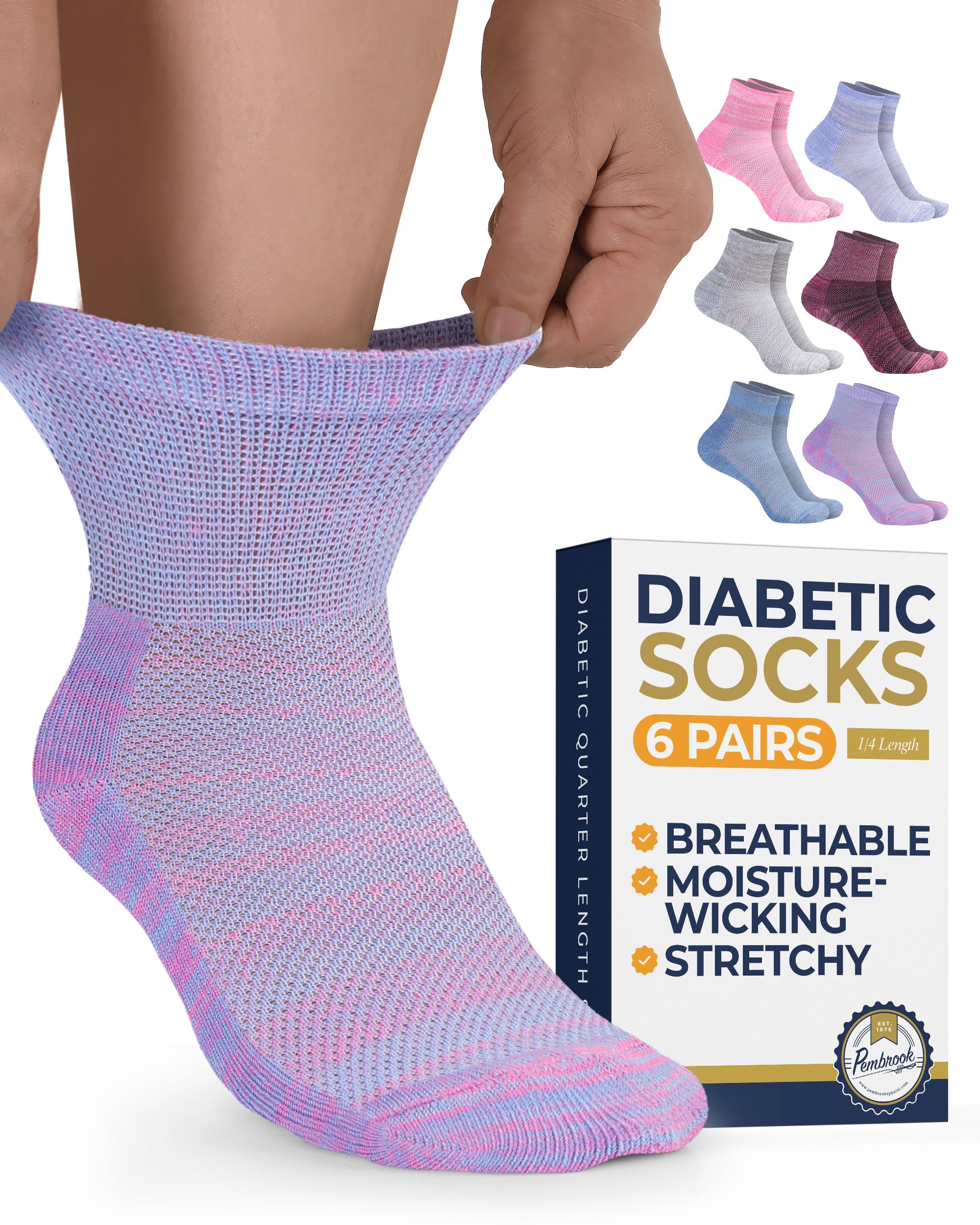 Pembrook® Ankle Diabetic Socks for Women &amp; Men, Non Binding Socks - 6 Pairs