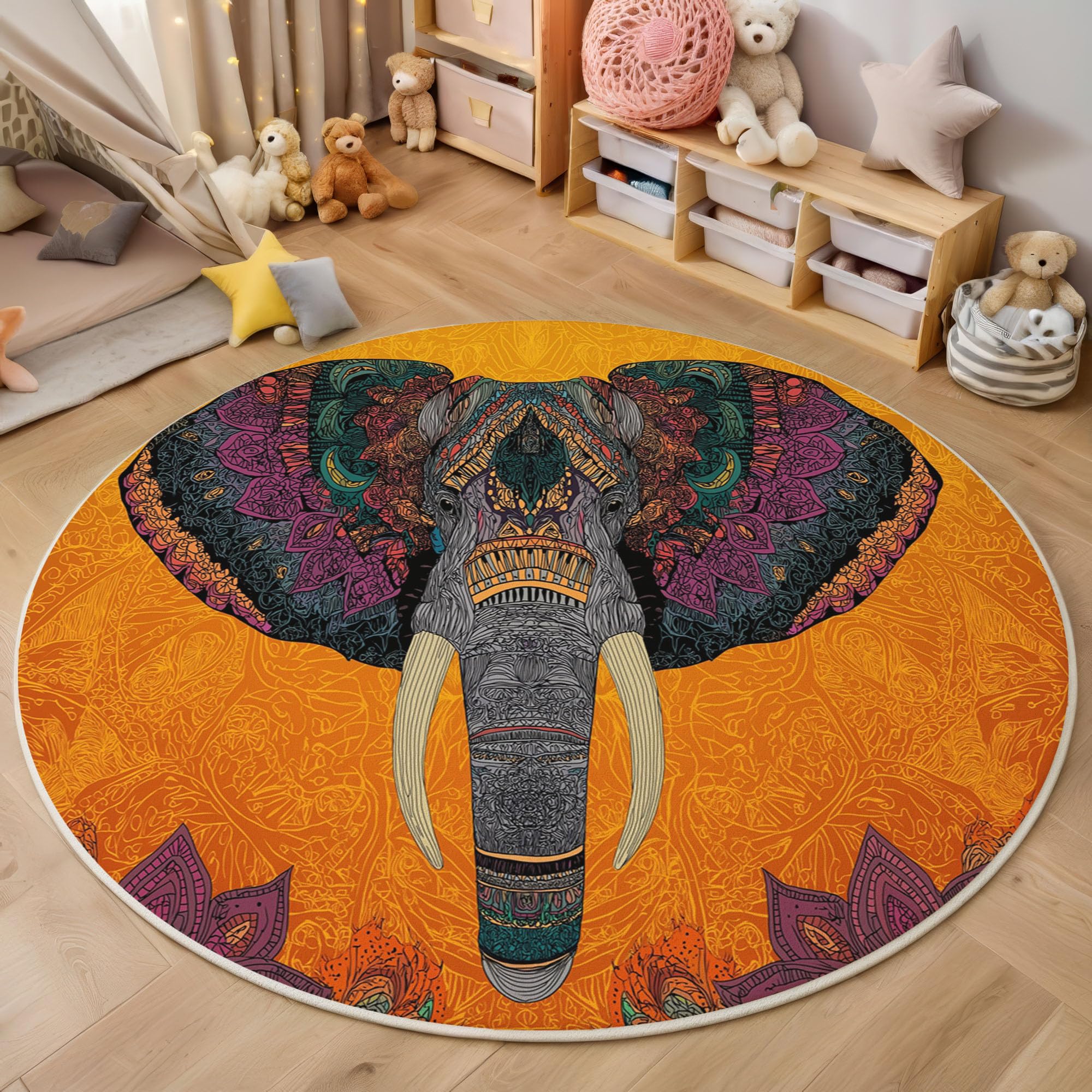 Tapis Rond à Poils Ras Tête D'Éléphant Mandala Antidérapant Lavable Tapis de Sol Motif Cachemire Moquette Décoration pour Salon Chambre Canapé Descente de lit, 120cm, Couleur Orange