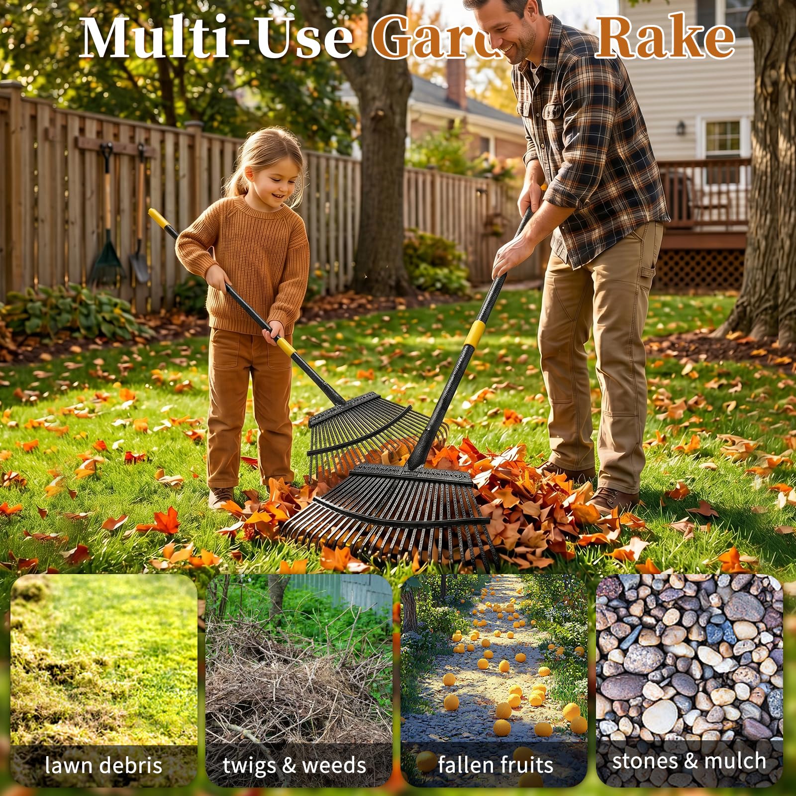Rechen für Blätter, strapazierfähig, großer Garten-Laubbesen für Rasen, 165 cm, Gartenrechen mit rücksparendem langem Griff, 47 cm breit, 25 Zinken Kopf für schnelle Reinigung, Hof-Grasschnitt,