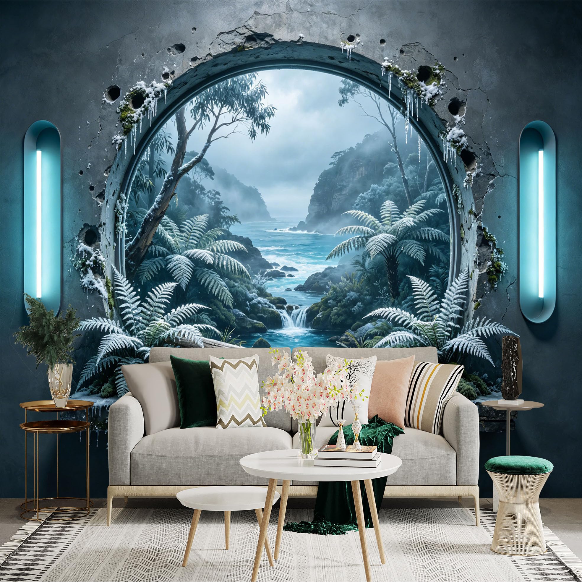 Custom Size Wall Sticker Mural， Frosted Tropical Forest Window View， Waterfall and Ocean Landscape， for wall Decoration， peelandstick wall Decals.