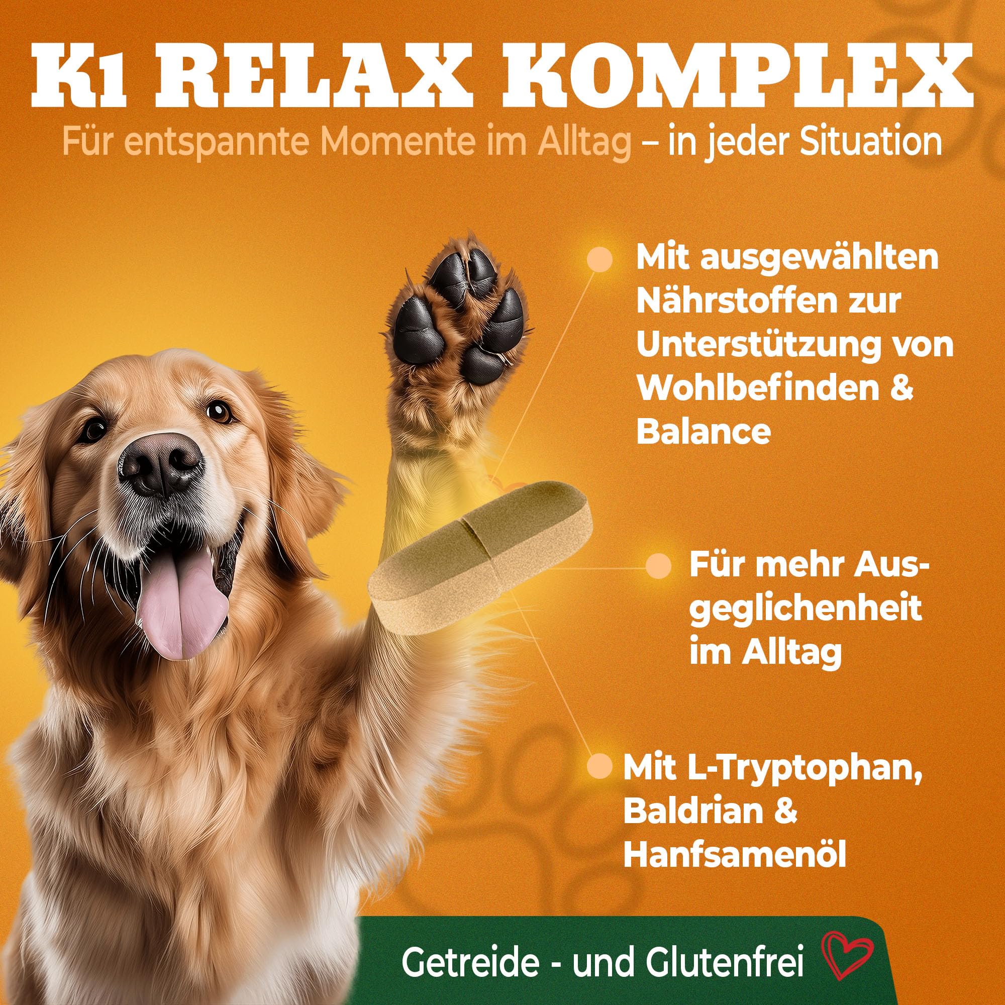 K1 Relax Komplex Beruhigungsmittel für Hunde - Baldrian Hanfsamenöl & L Tryptophan Hund Beruhigung - Hunde Beruhigungsmittel unterstützend bei Angst & Stress - Beruhigung Hund - 120 Tabletten