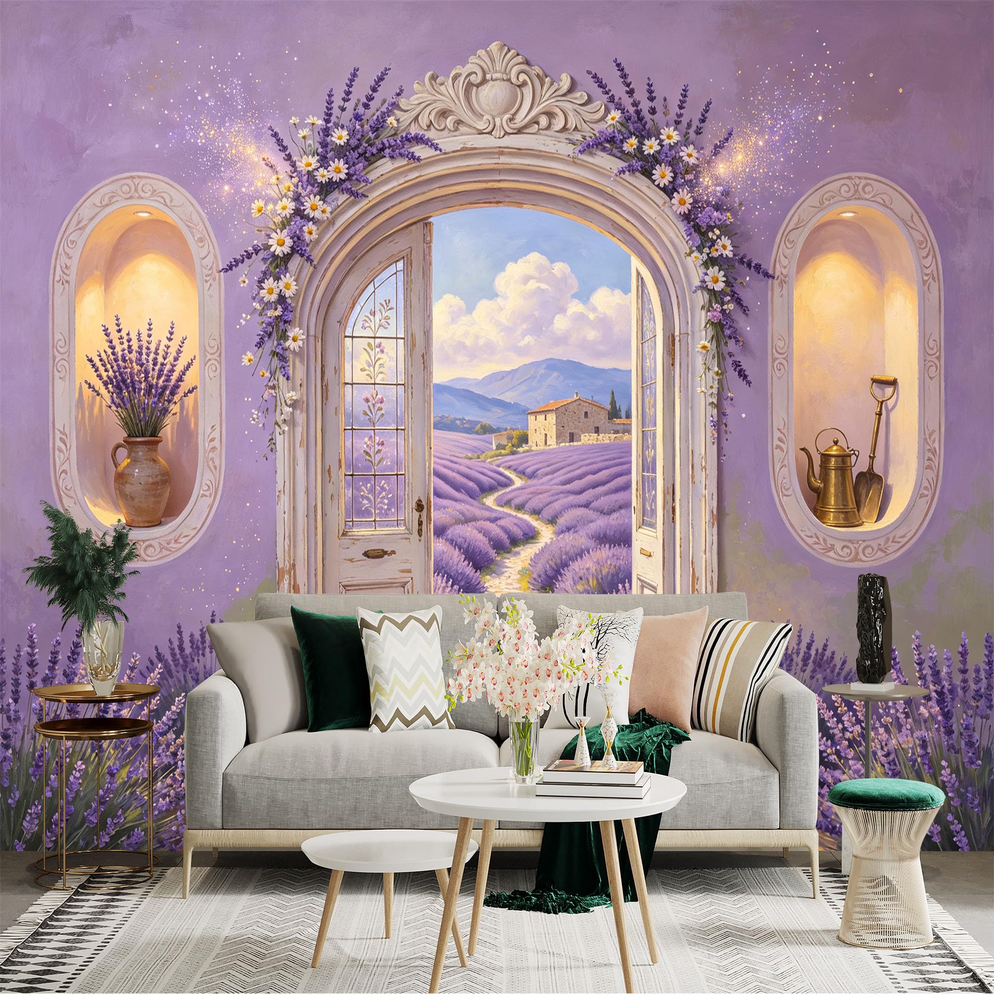 Custom Size Wall Sticker Mural， Lavender Field Cottage Pathway and Rustic Archway， for wall Decoration， peelandstick wall Decals.