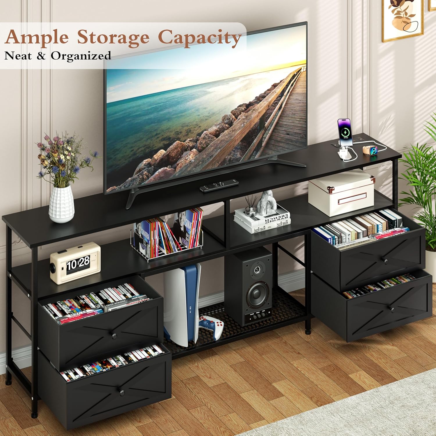 JUSTOGO TV Stand with Fabric Drawers for 65 70 75 Inches TV - Entertainment Center with Open Storage Shelf, Power Outlets & LED Lights for Living Room, Bedroom, 63" TV Console Media Console, Black