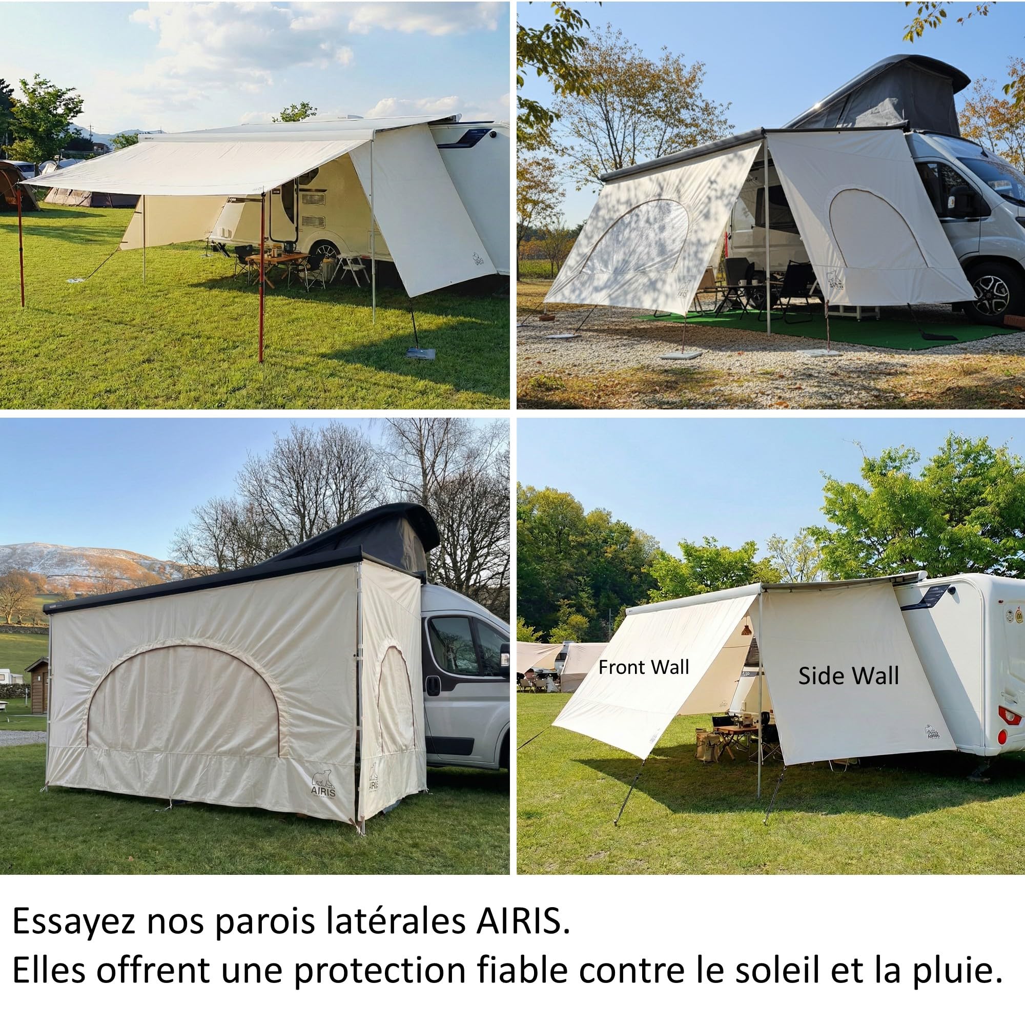 AIRIS Paroi avant d'auvent pour camping-car et caravane 390 x 190 cm – Brise-vue et protection solaire pour auvents, tissu mélangé de coton de qualité supérieure, imperméable, forte protection solaire
