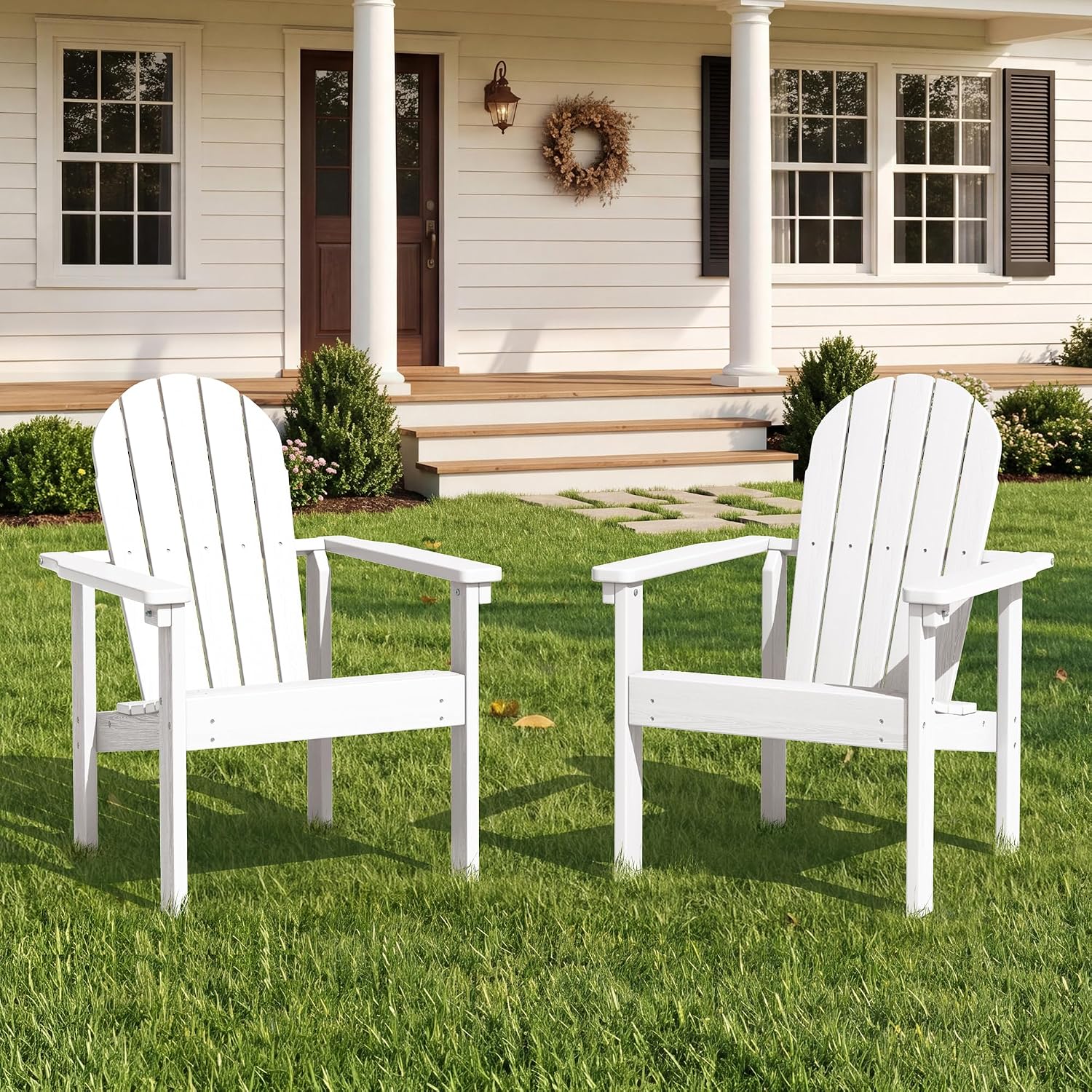 SERWALL Stackable Modern Adirondack Chairs Set of 2, HDPE Outdoor Patio Chairs with Space-Saving Design, All-Weather Fire Pit Chairs with Widened Seat for Deck, Backyard, Garden, Lawn (White)