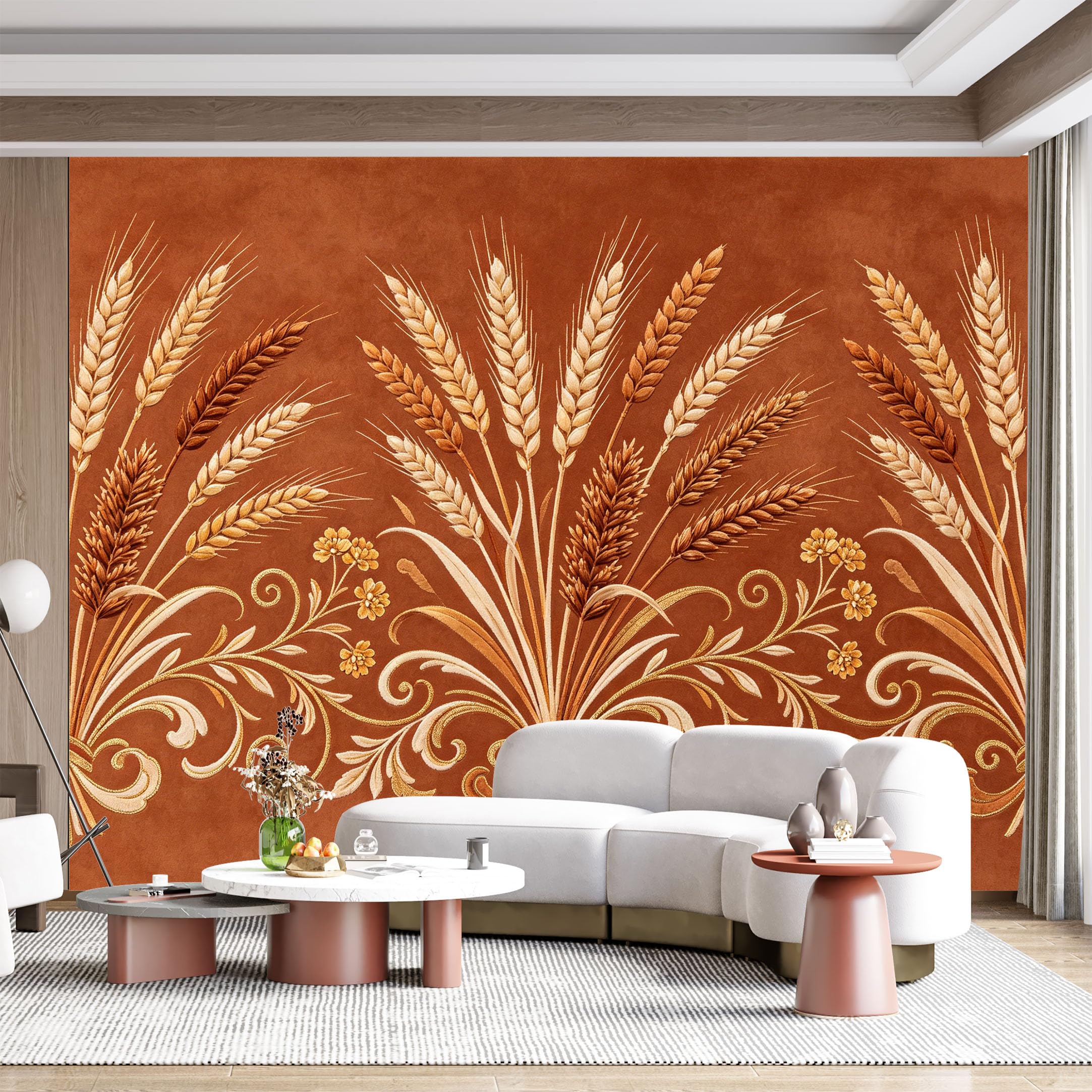 Custom Size Wall Mural Wheat Floral Border Embossed Embroidery Vintage Artistic SelfAdhesive Wall Fabric Removable for Home Office Decor