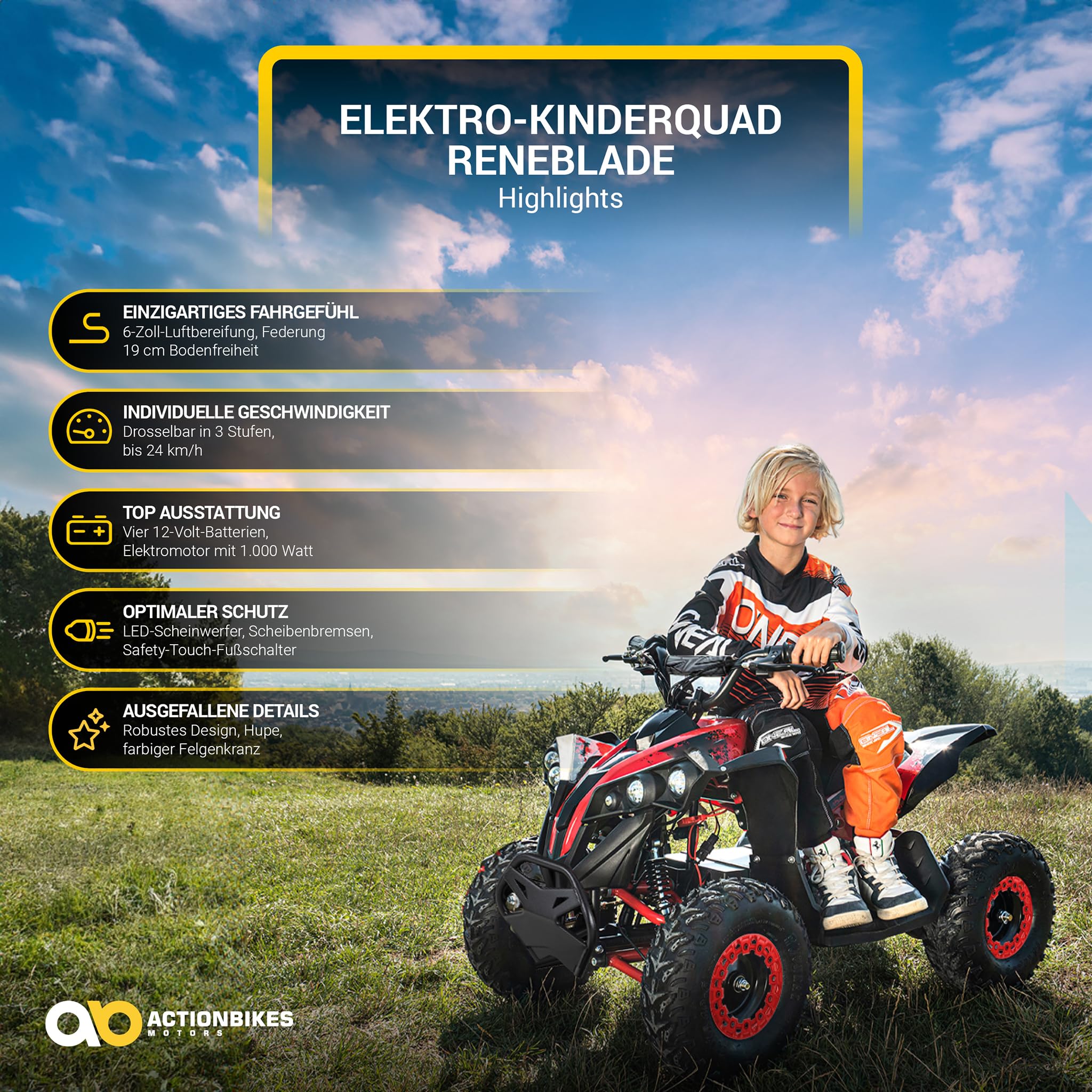 Actionbikes Motors Kinder Quad Elektro ATV Reneblade | 𝟒𝟖 Volt 𝟭𝟬𝟬𝟬 Watt Motor bis 𝟐𝟒 km/h - Kinderquad - Pocket Quad - Miniquad - Safety Fußschalter - Für Kinder ab 8 Jahren (Schwarz/Rot)