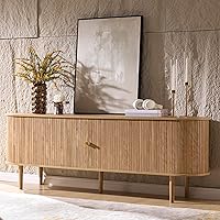 AMERLIFE 70" Mid-Century Modern TV Stand for 80" TVs - Fluted Wood Storage Console, Solid Legs, Natural Oak