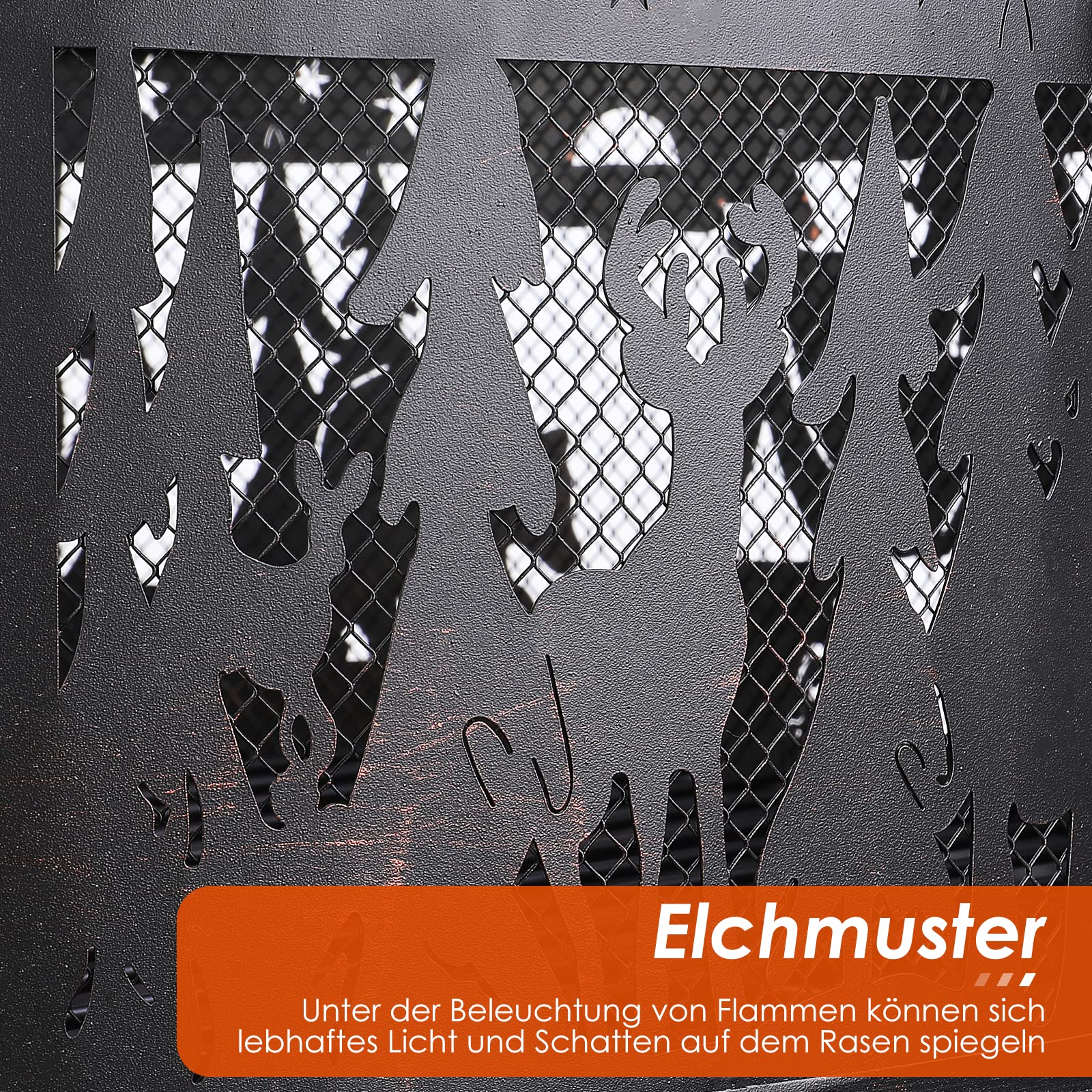 TLSUNNY Feuerschale Garten, Feuerkorb mit Funkenschutz, Feuerstelle Retro-Look, inkl,Poker & Kohlerost & 4 PCS Füße, Heizung im Winter, Stabil, Exquisites Elchmuster Ø71x65cm,für Garten,Camping,Strand | Inkl,Poker & Kohlerost & 4 PCS Füße, Heizung im Wint
