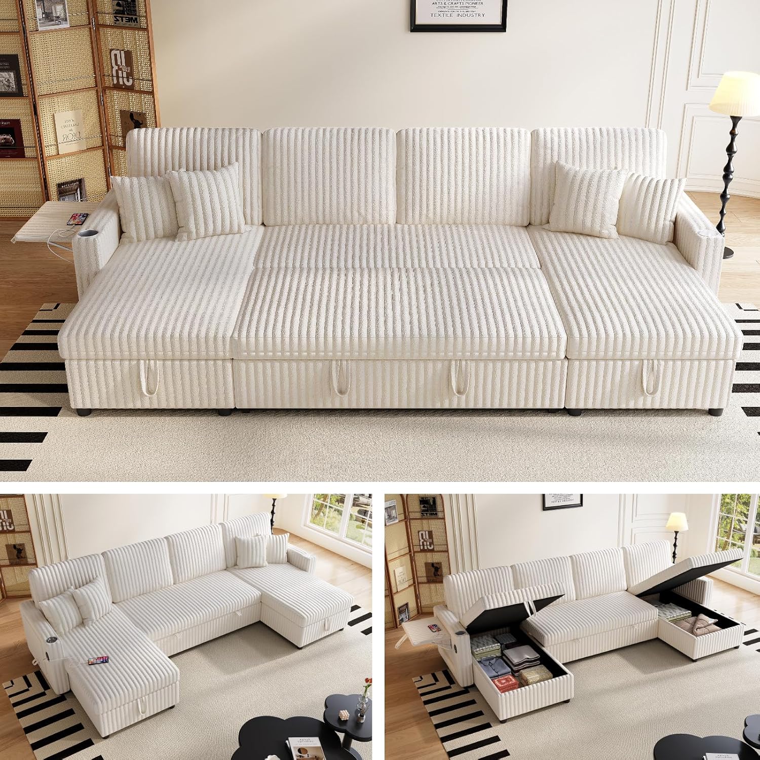 Sleeper Sectional Sofa, 110" Modern U Shaped Couch with Pull Out Bed, Convertible Corduroy Cloud Sofa with Double Storage Chaise, USB, Small Desktop, Comfy Modular Couch for Living Room, Beige