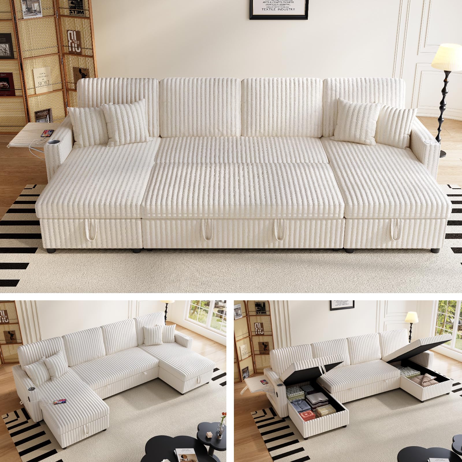 Sleeper Sectional Sofa, 110" Modern U Shaped Couch with Pull Out Bed, Convertible Corduroy Cloud Sofa with Double Storage Chaise, USB, Small Desktop,