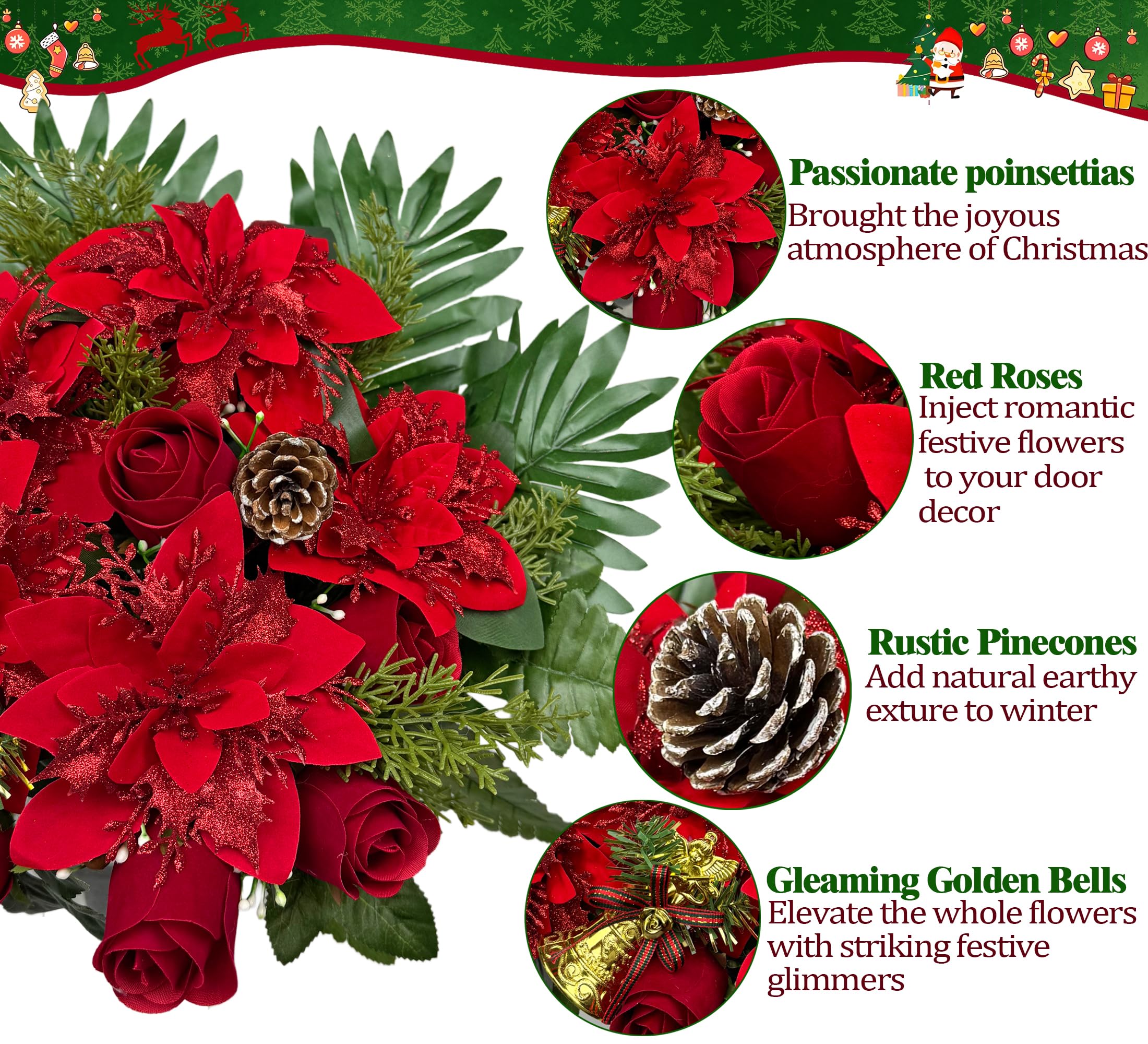 Fleur de tombe artificielle pour cimetière, poinsettia de Noël décorative pour pierre tombale, facile à installer
