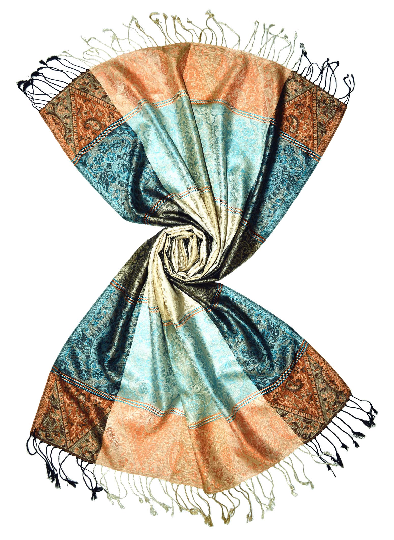 Lorenzo Cana Pashmina 78639 - Écharpe de luxe pour femme - Jacquard tissé - 100 % soie - Motif cachemire - Turquoise et bronze, Bleu pétrole ocre, 70 x 190 cm