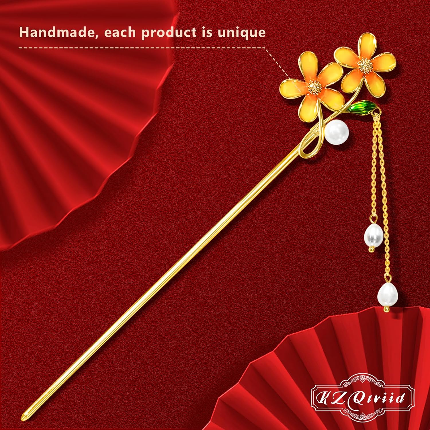 Hair Accessories，14k Gold Plated Copper， Vintage Handcrafted， Colour Enamels Small Daisy Pearl Tassels Hair Stick，Hair Clip. 7.28" Hair Chopsticks For Women
