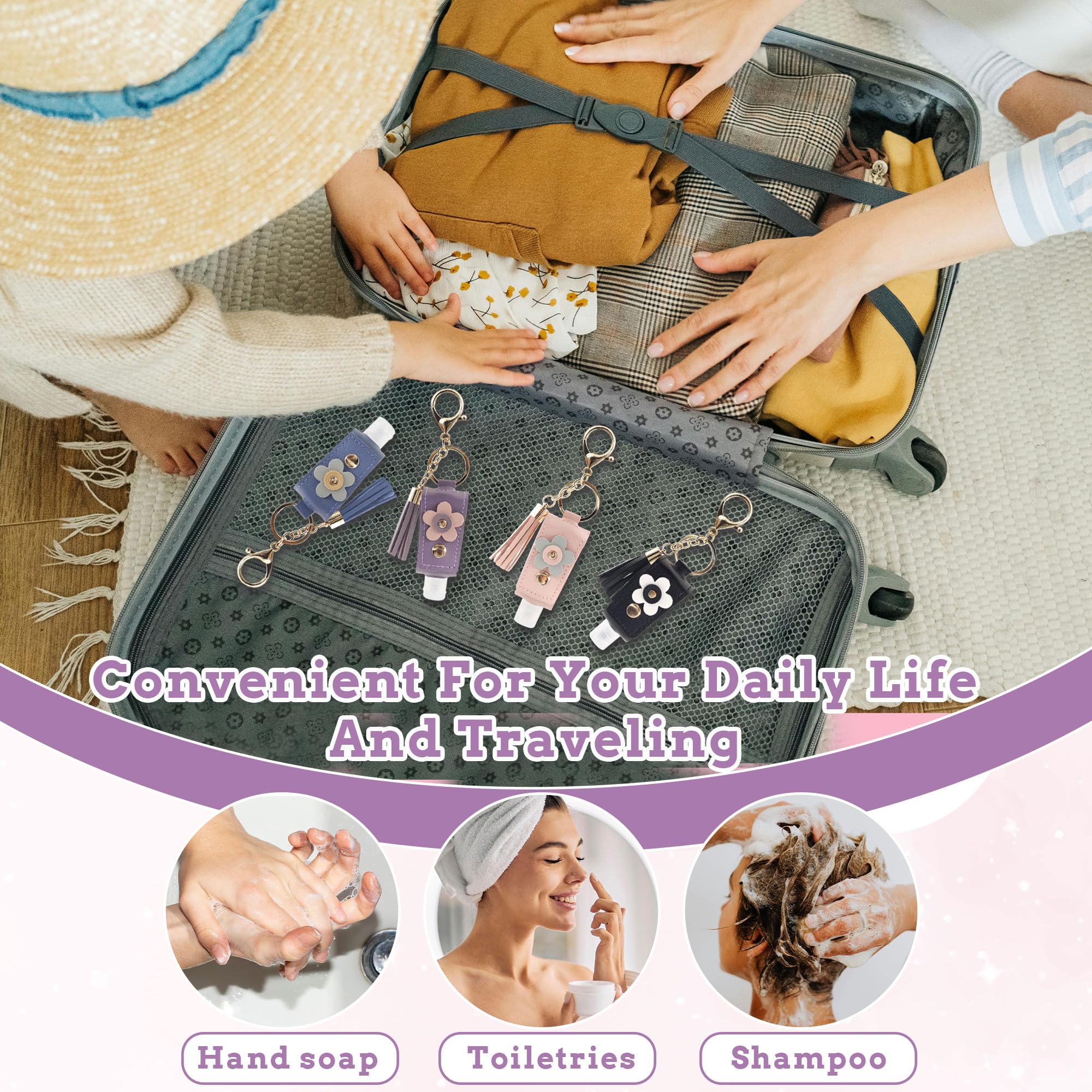 Simaixing 4 Colors Hand Sanitizer Keychain, 30ml Leather Portable Hand Sanitizer Holder Keychain with Refillable Bottle - Image 4