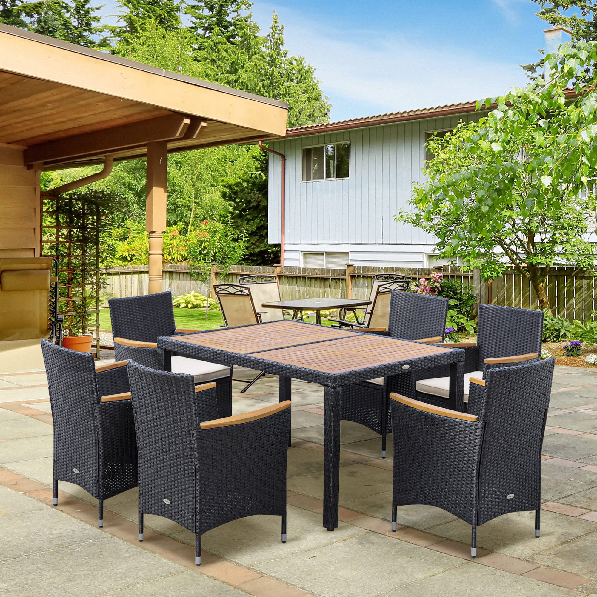 Outsunny Set Tavolo e Sedie da Giardino 7 Pezzi in PE Rattan e Legno, Mobili da Esterni con Cuscini Morbidi, Nero